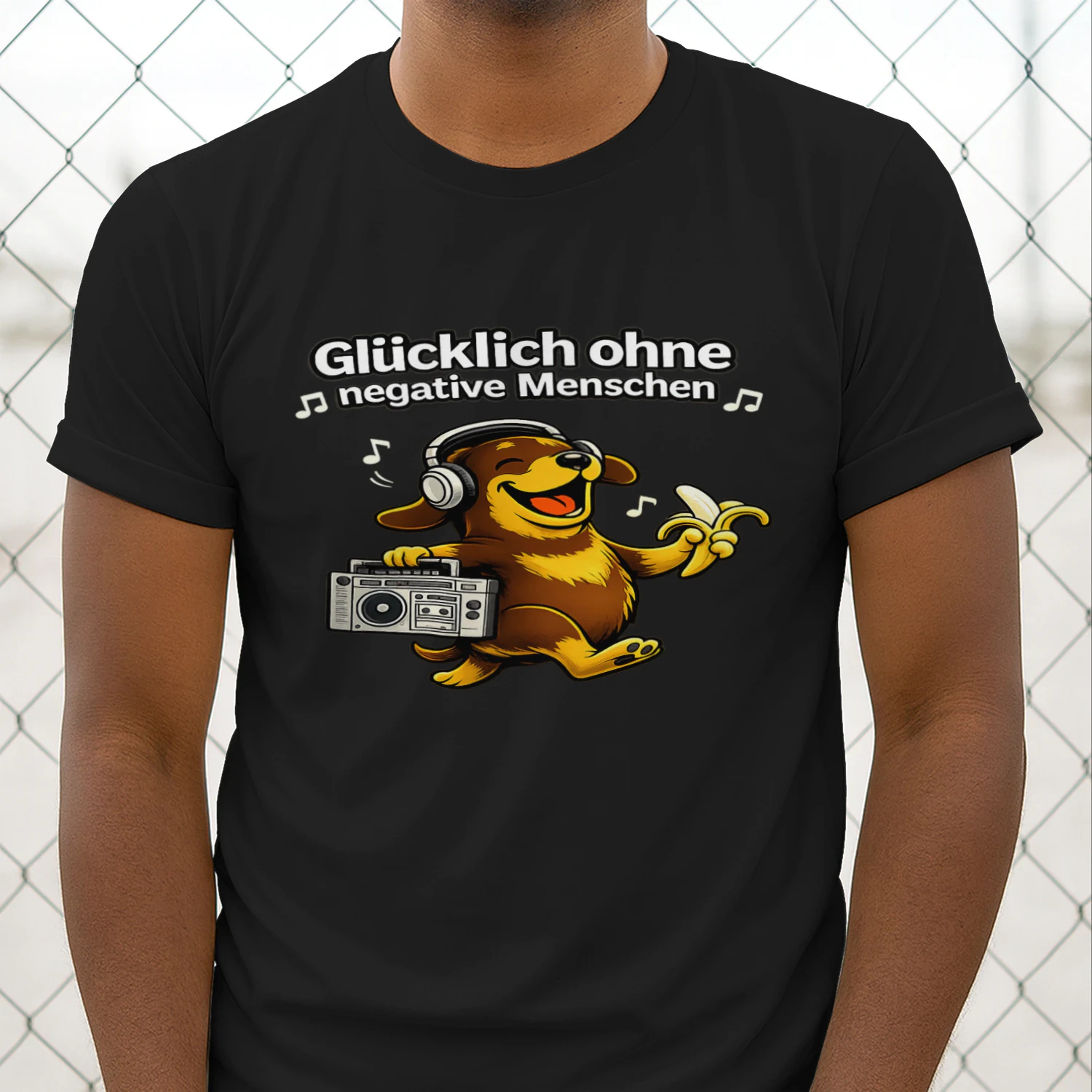 Glücklich ohne negative Menschen – Lustiges Hunde T-Shirt mit Musik-Vibes