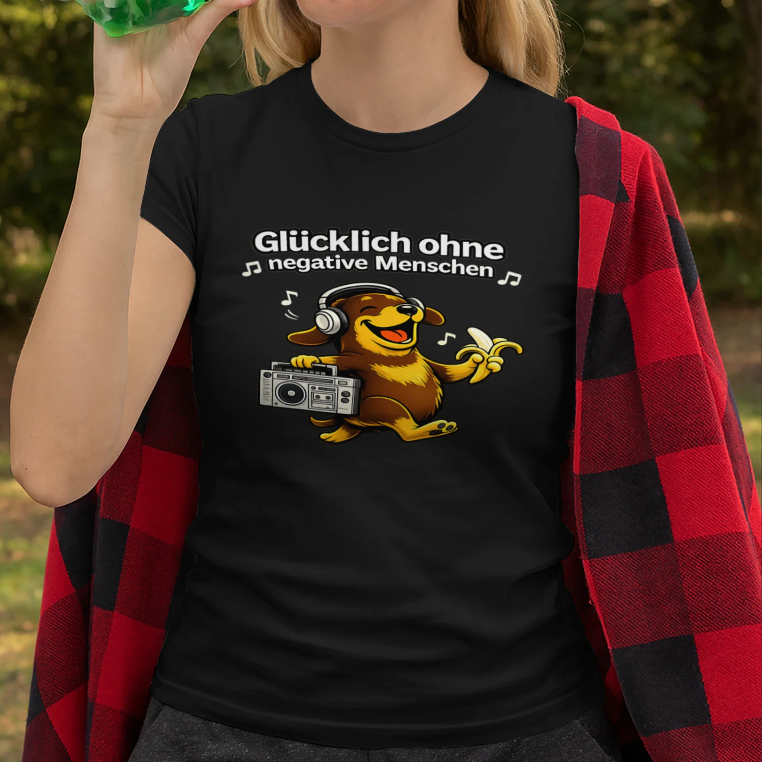Glücklich ohne negative Menschen – Lustiges Hunde T-Shirt mit Musik-Vibes