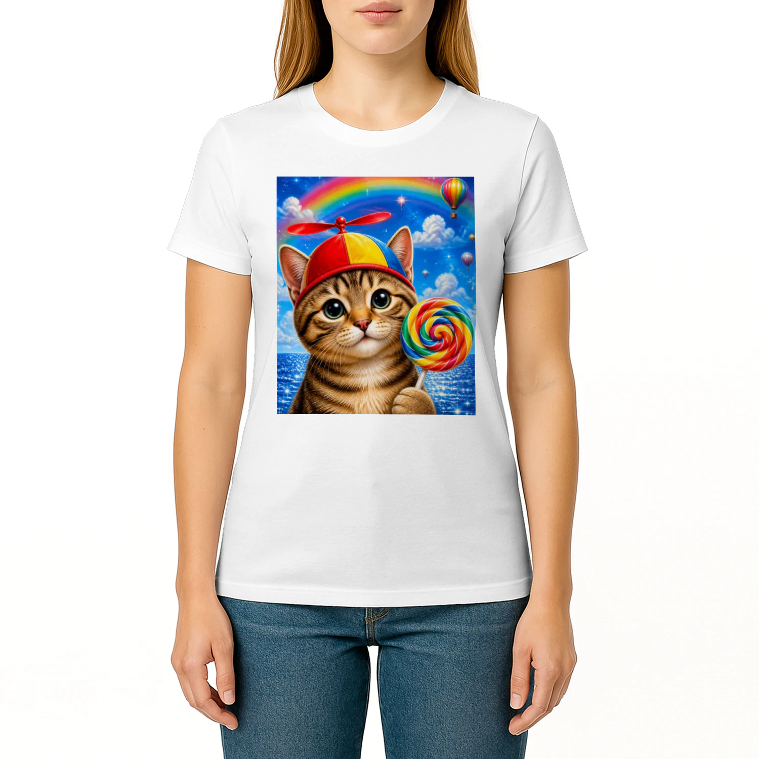 Cute Cat T-Shirt, Kitten with Propeller Hat and Rainbow Lollipop, Whimsical Cat Lover Gift, Colorful Kawaii Graphic Tee