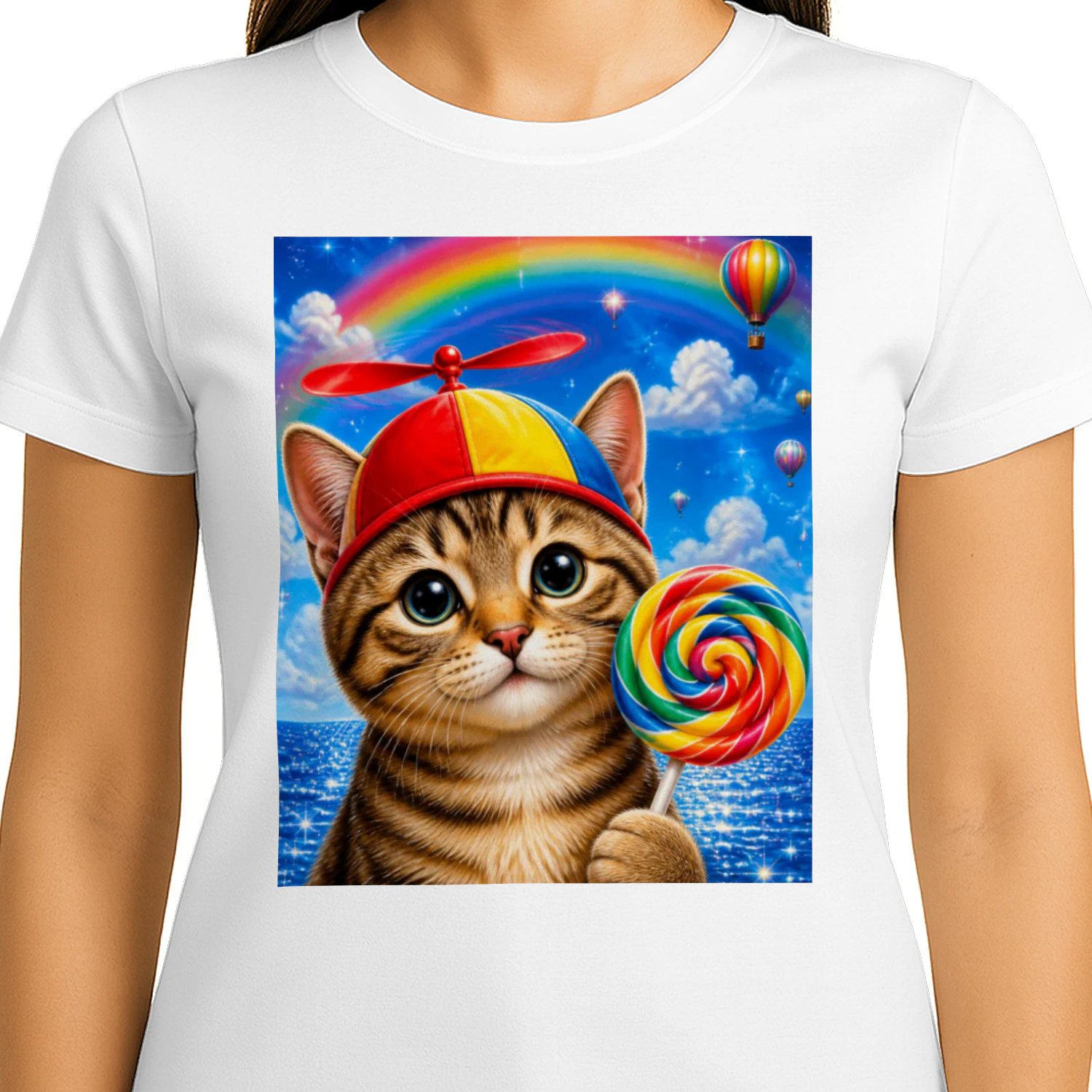 Cute Cat T-Shirt, Kitten with Propeller Hat and Rainbow Lollipop, Whimsical Cat Lover Gift, Colorful Kawaii Graphic Tee