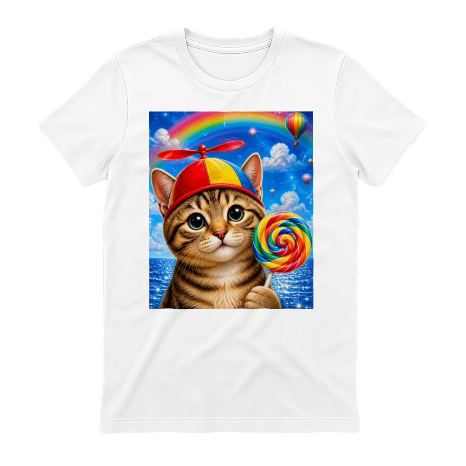 Cute Cat T-Shirt, Kitten with Propeller Hat and Rainbow Lollipop, Whimsical Cat Lover Gift, Colorful Kawaii Graphic Tee