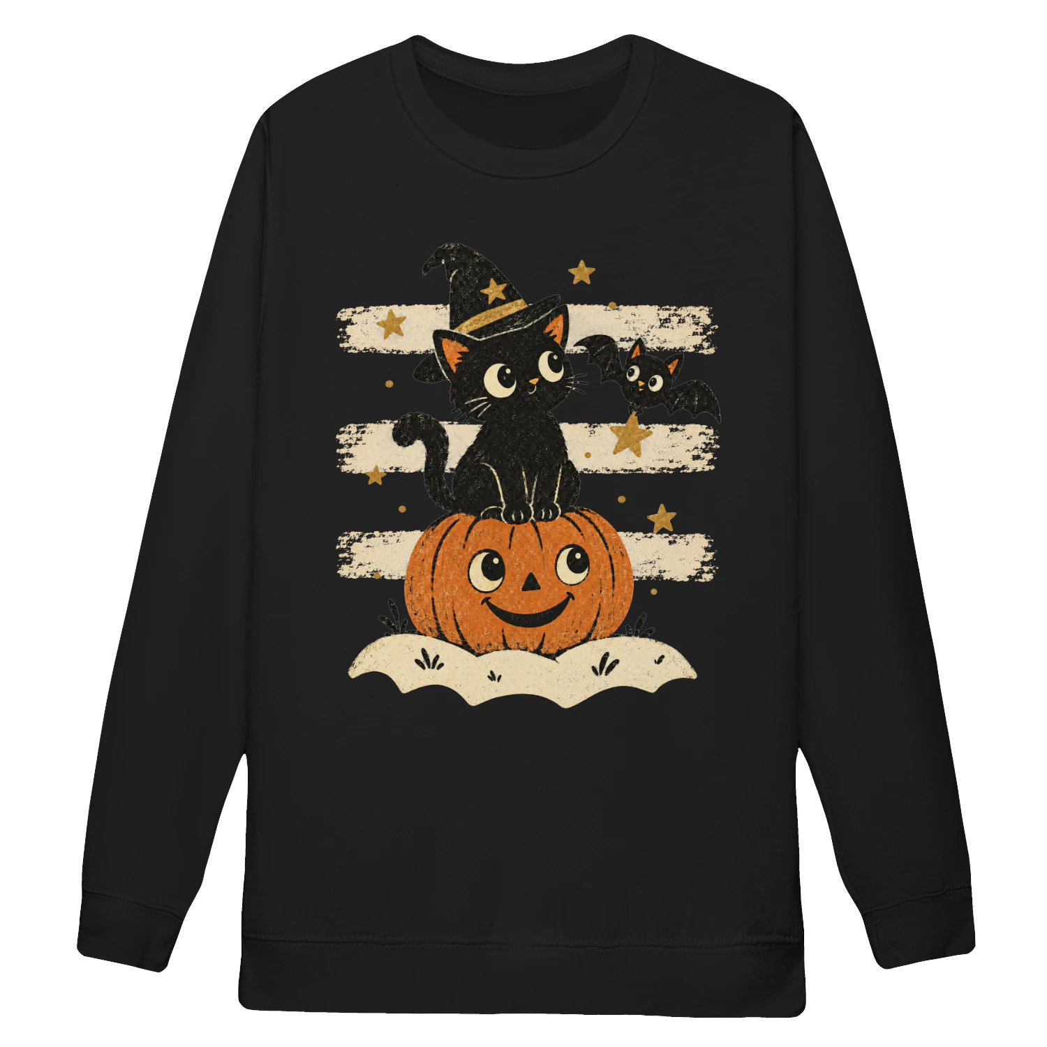 Vintage Halloween Black Cat Sweatshirt | Witch Hat Pumpkin