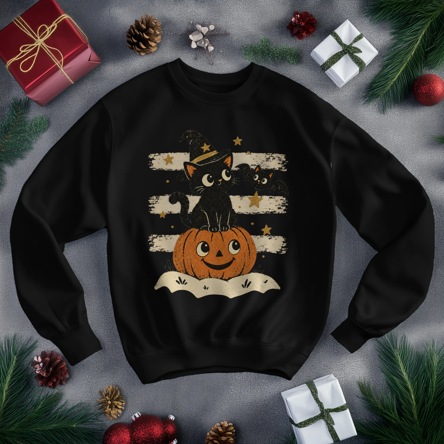 Vintage Halloween Black Cat Sweatshirt | Witch Hat Pumpkin
