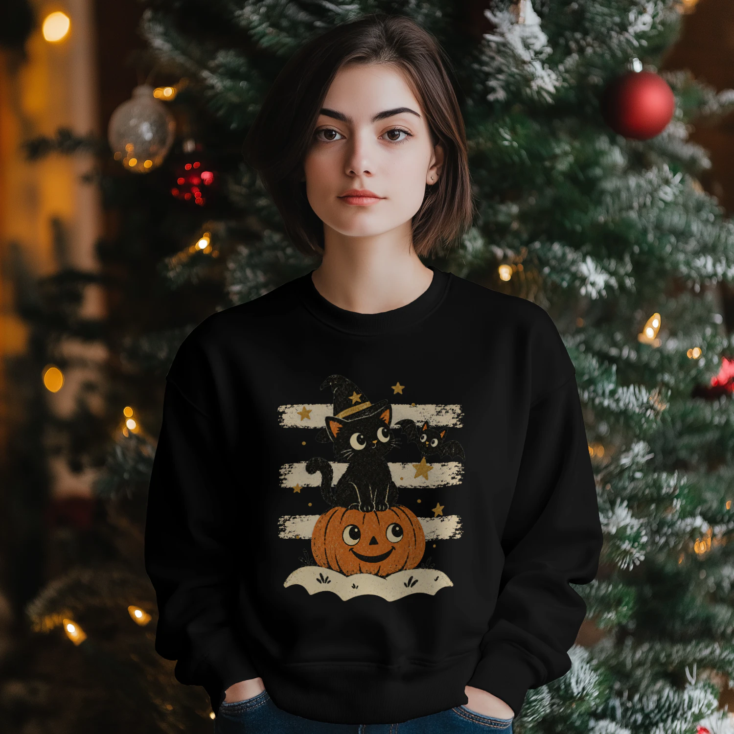Vintage Halloween Black Cat Sweatshirt | Witch Hat Pumpkin