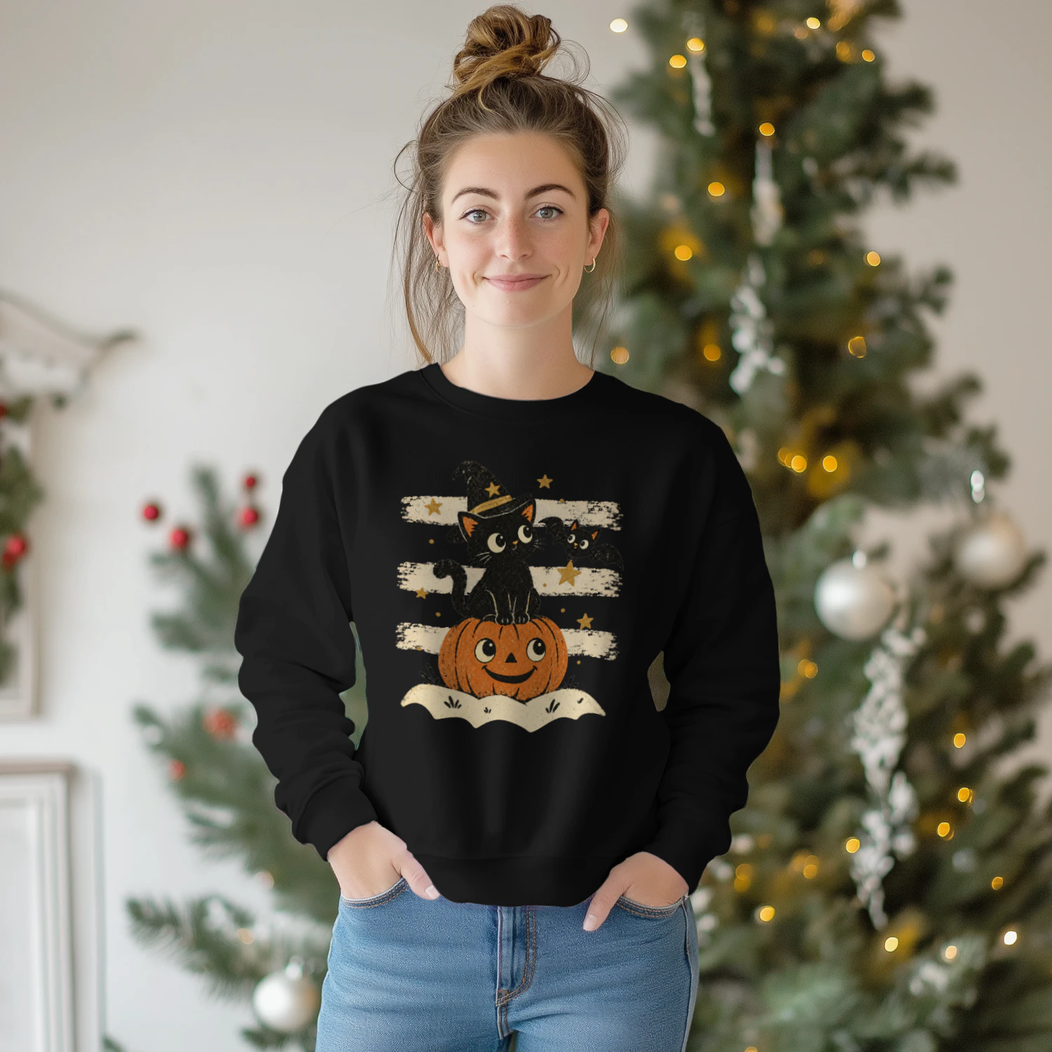 Vintage Halloween Black Cat Sweatshirt | Witch Hat Pumpkin
