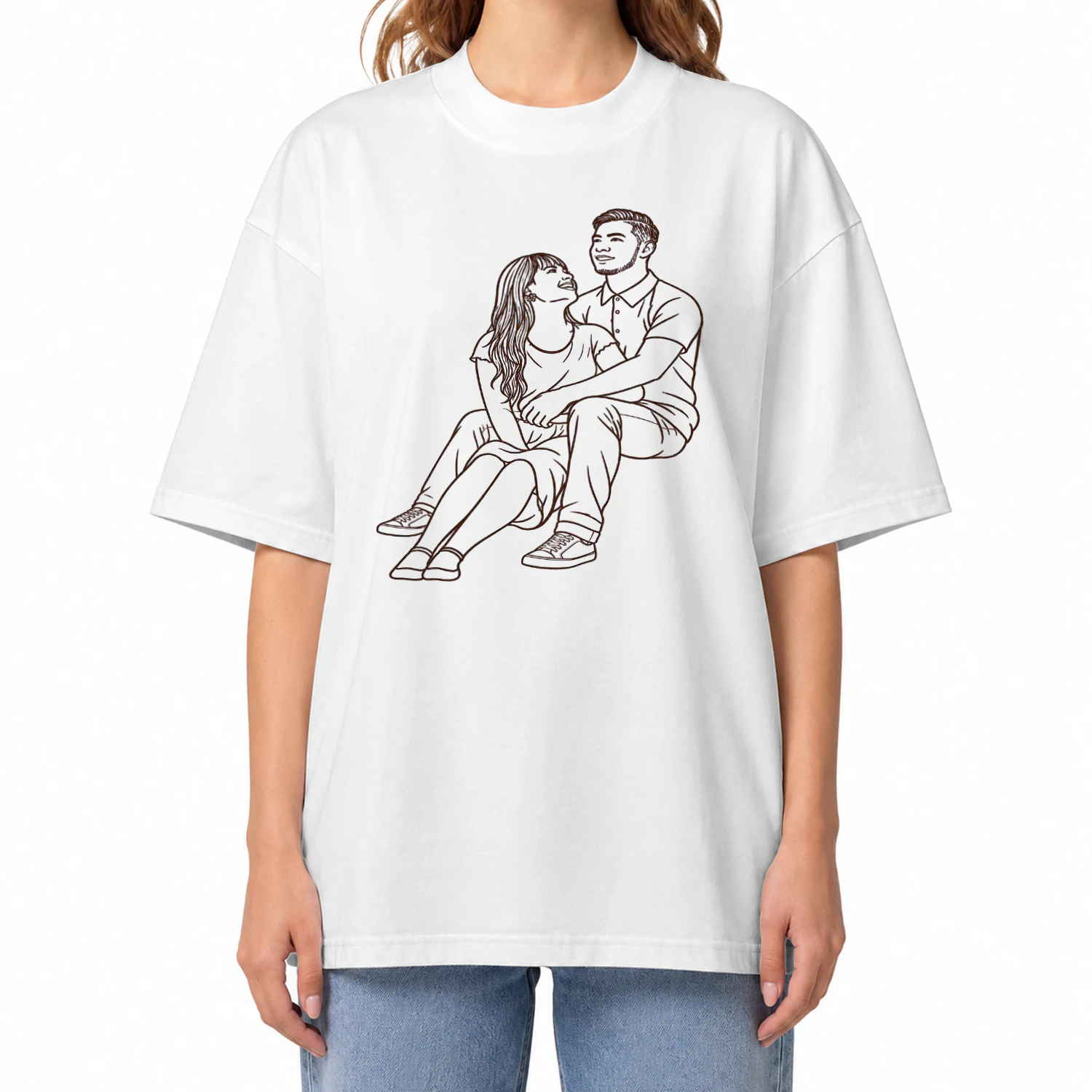 Custom Couple Embroidery Piqué Polo Shirt – Personalized Photo Line Art Polo for Couples, Anniversary Gift