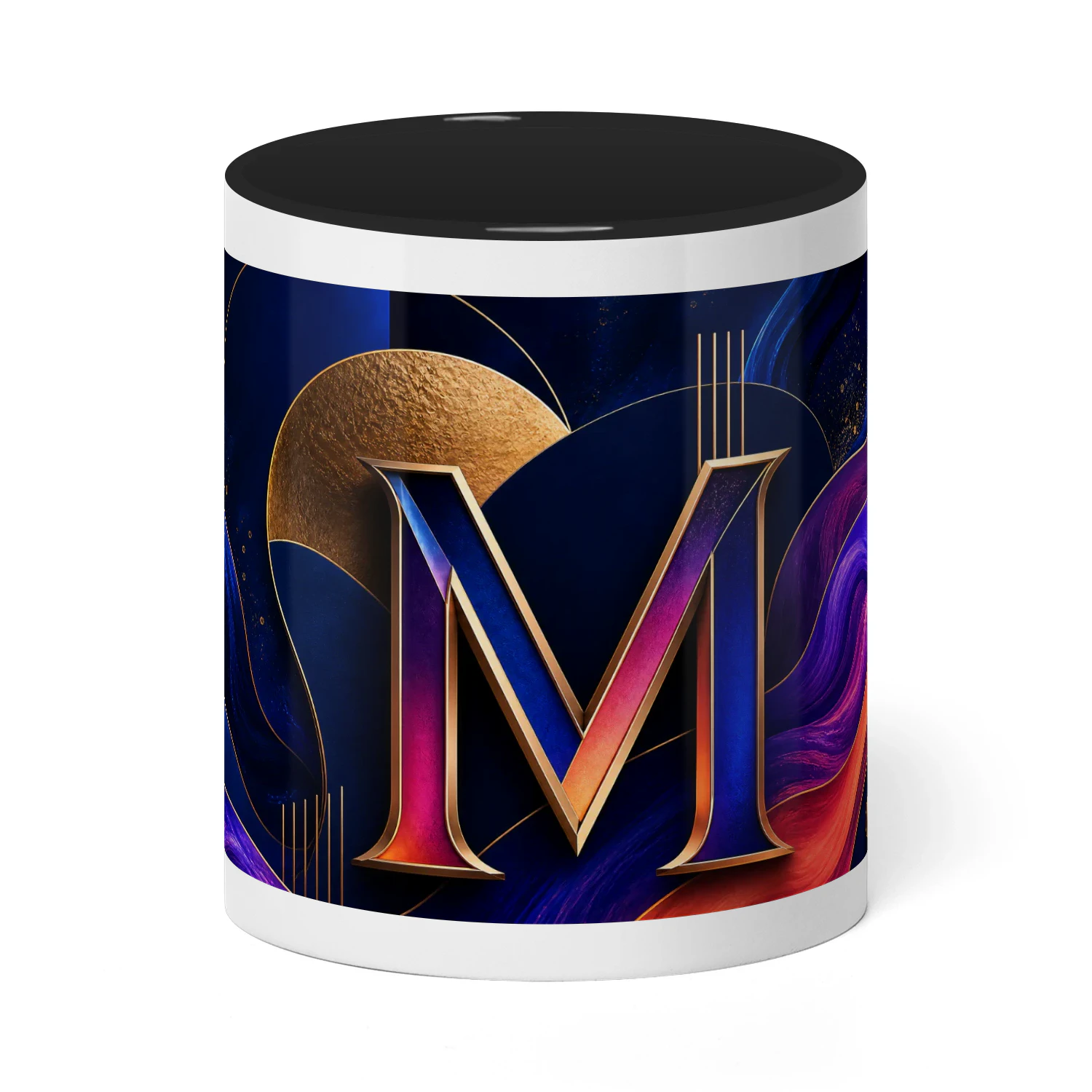Modern Abstract M Initial Phone Case, Elegant Navy Blue, Violet, Coral and Gold Art