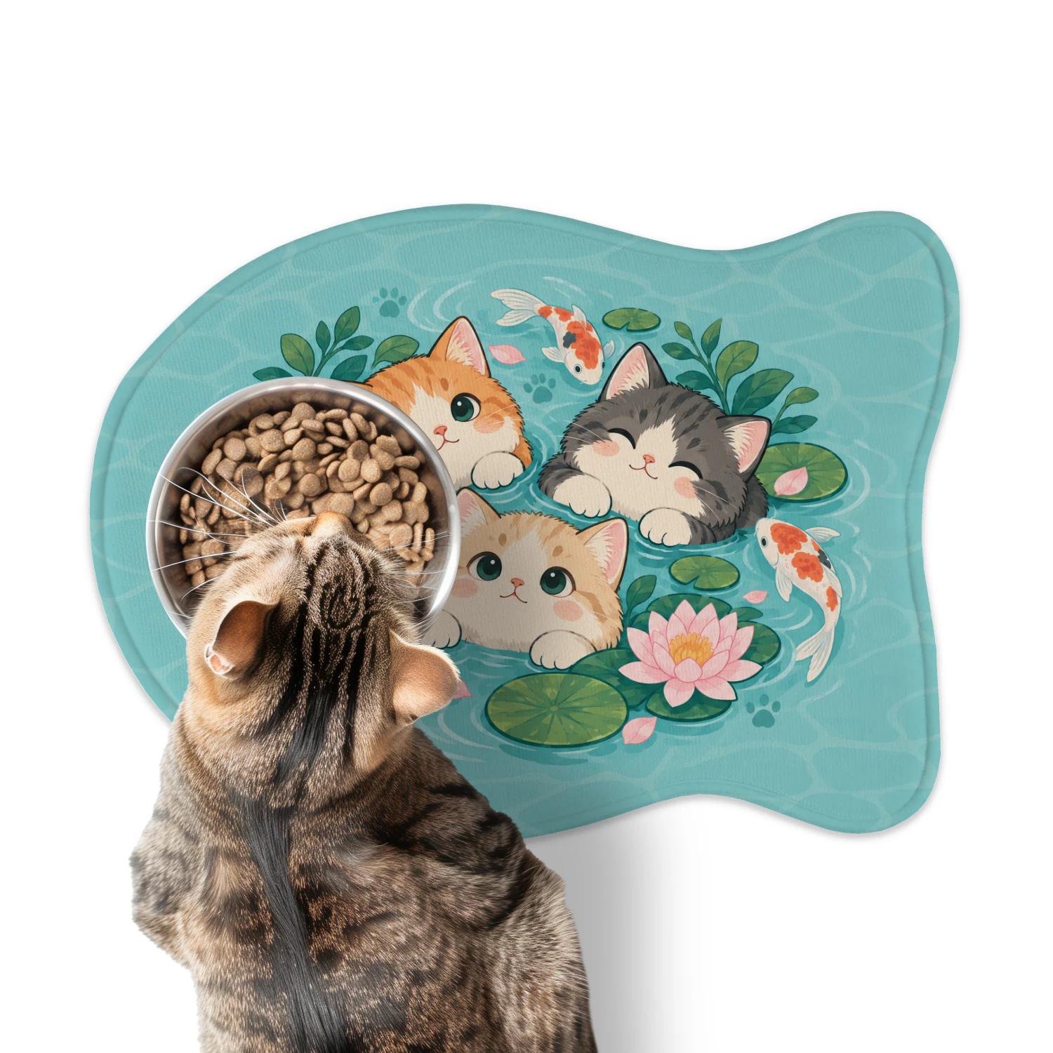  Kawaii Cat Feeding Mat with Koi Pond Kittens – Cute Cat Placemat for Food and Water Bowls