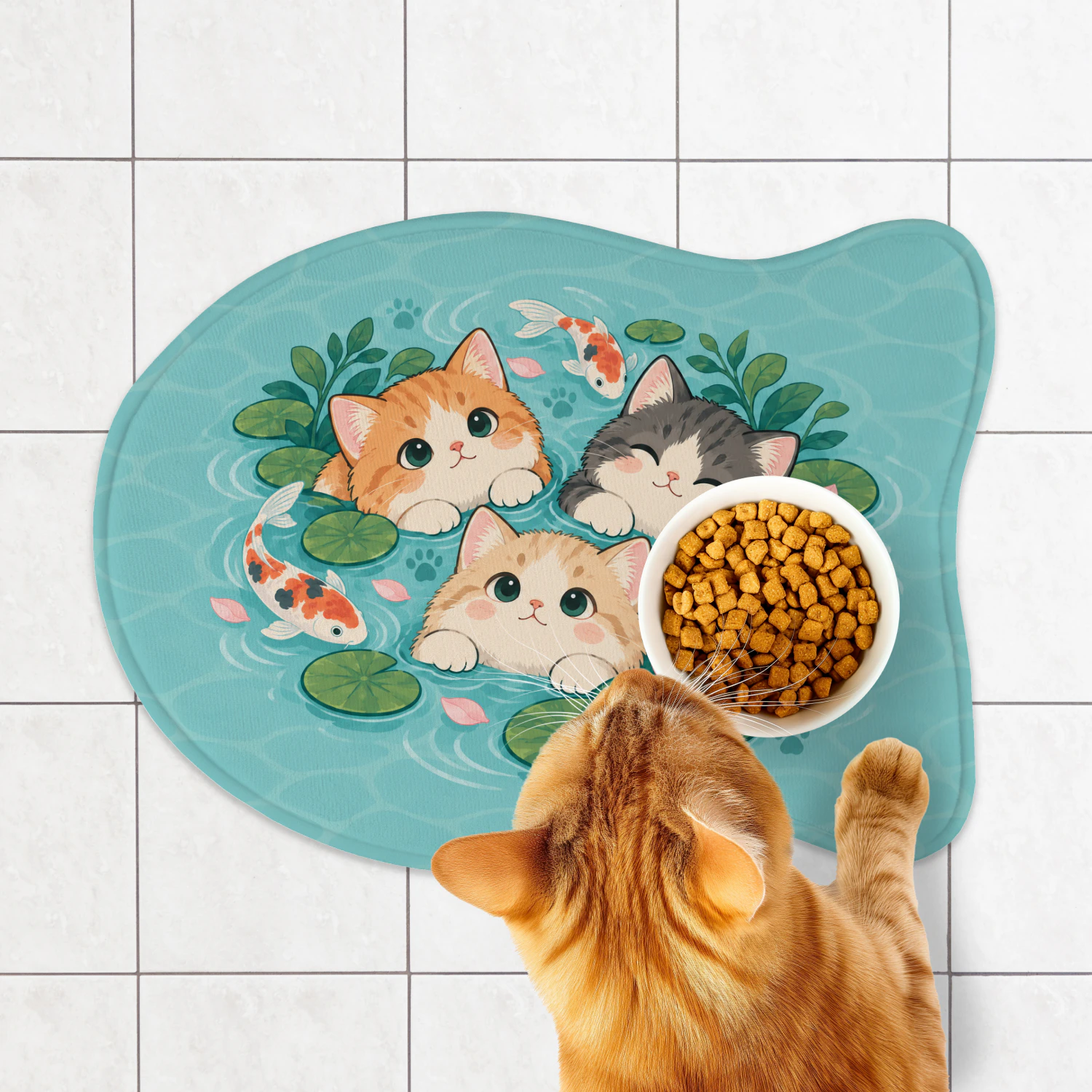  Kawaii Cat Feeding Mat with Koi Pond Kittens – Cute Cat Placemat for Food and Water Bowls