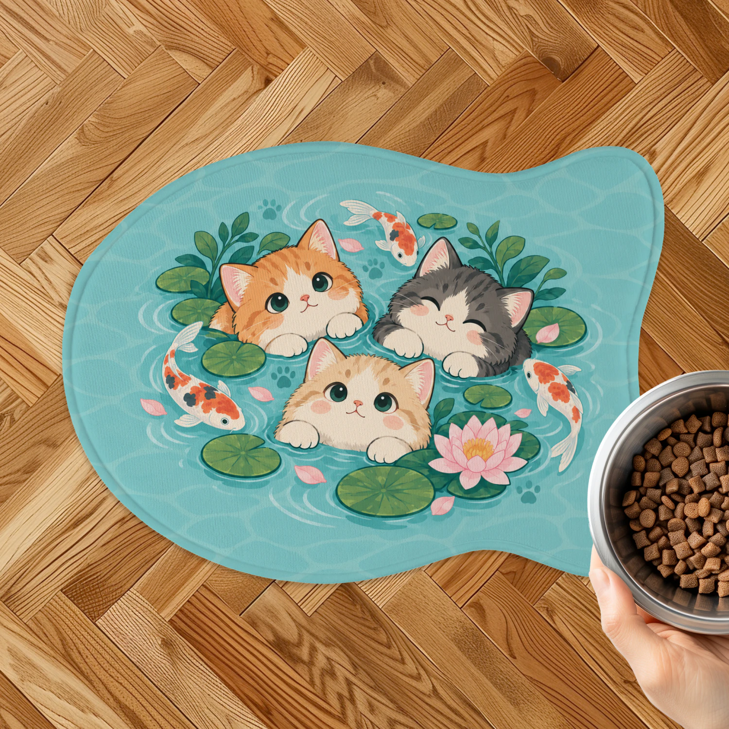  Kawaii Cat Feeding Mat with Koi Pond Kittens – Cute Cat Placemat for Food and Water Bowls