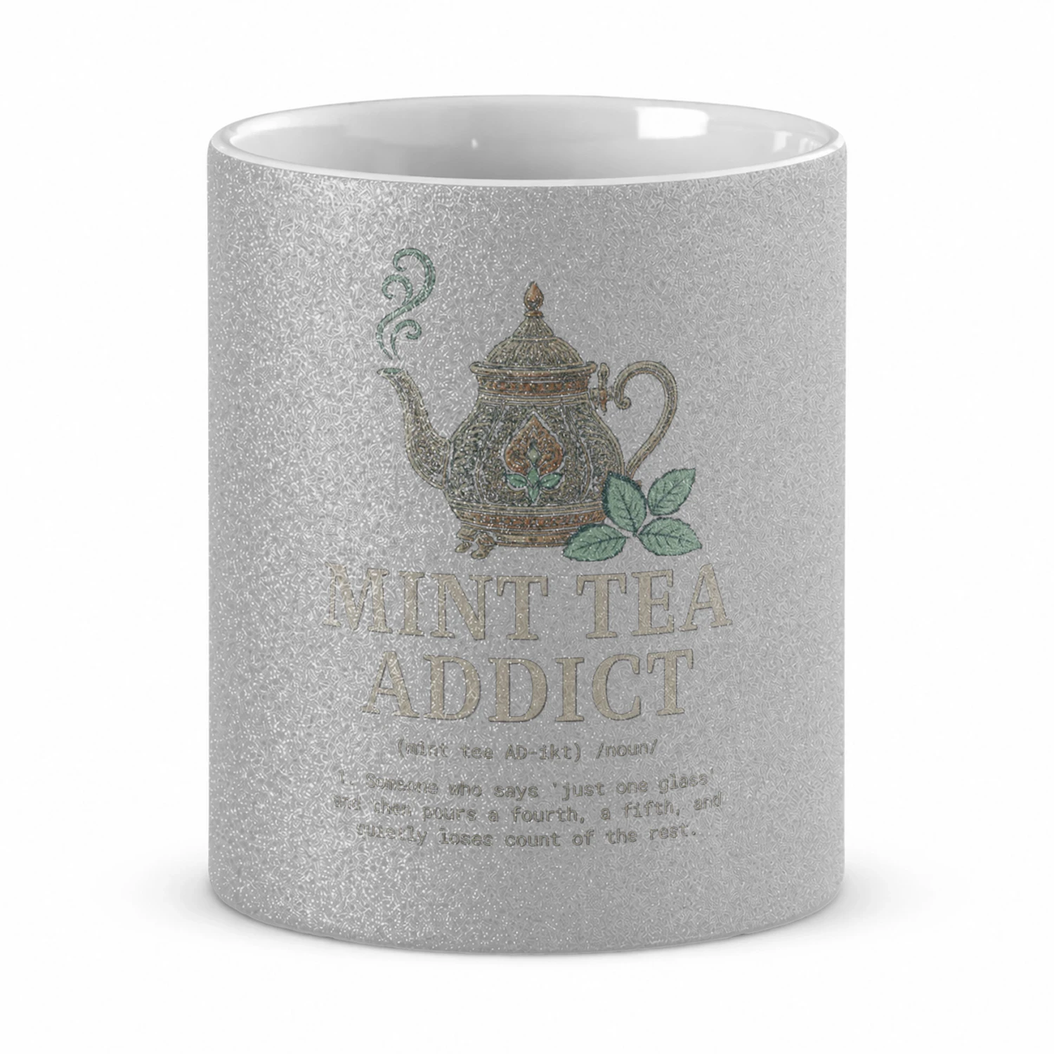 Mint Tea Addict mugs– Funny Mint Tea Lover Graphic Tee with Vintage Teapot 