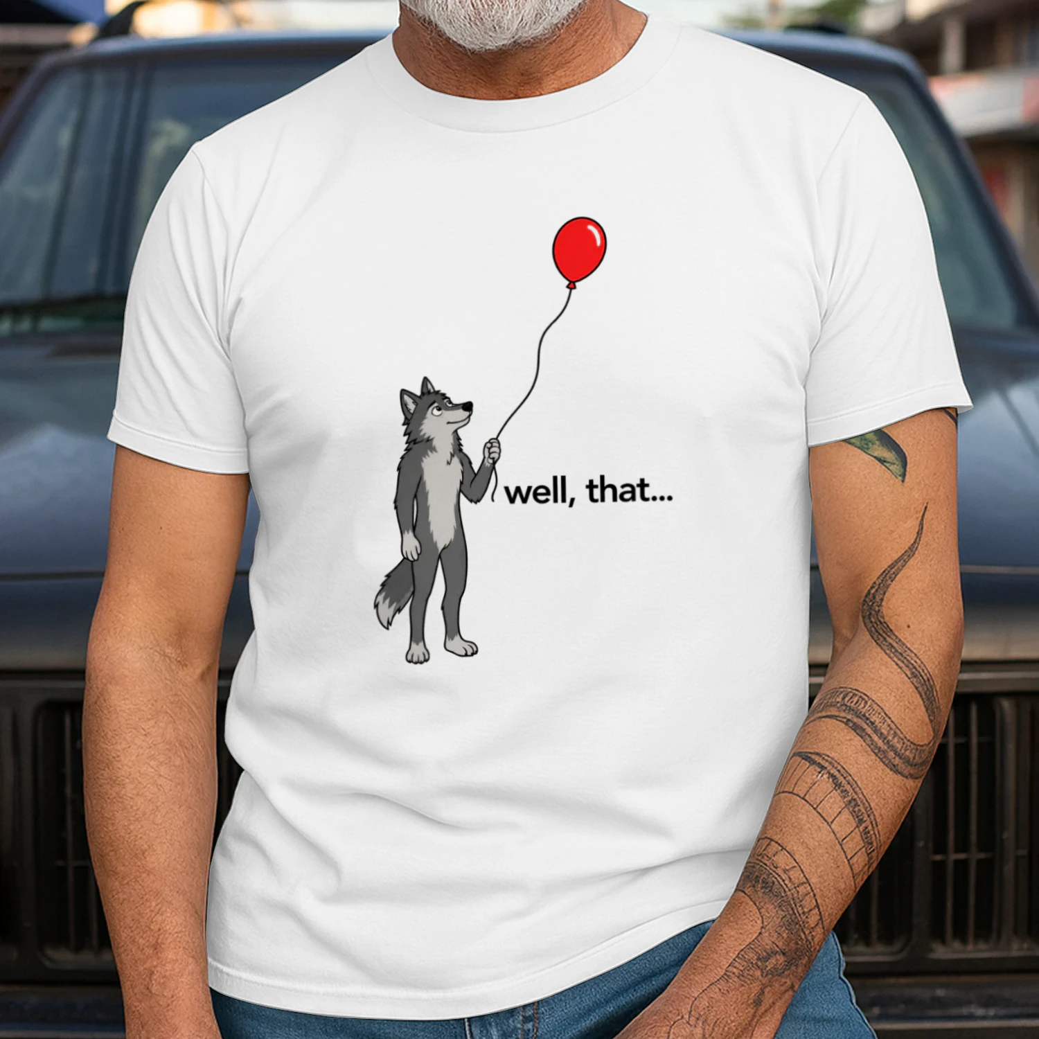 Wolf Looking at Balloon T-Shirt – Funny “Well, That…” Graphic Tee