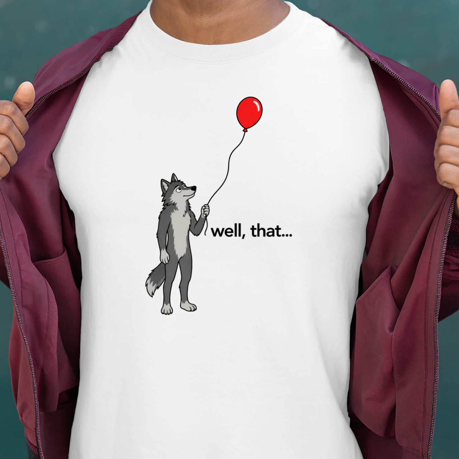 Wolf Looking at Balloon T-Shirt – Funny “Well, That…” Graphic Tee