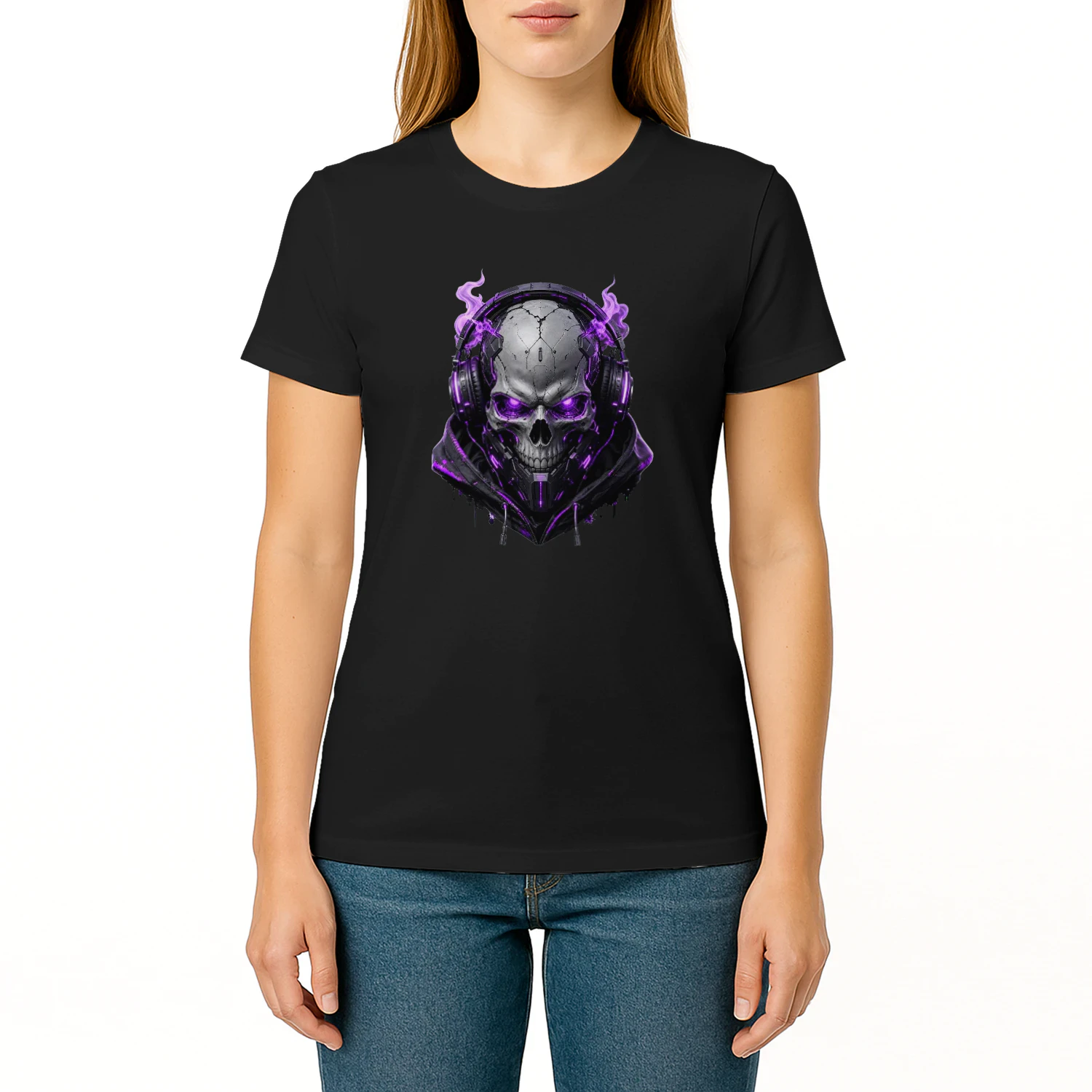 Cyber Skull Graphic Tee – Neon Purple Cyberpunk