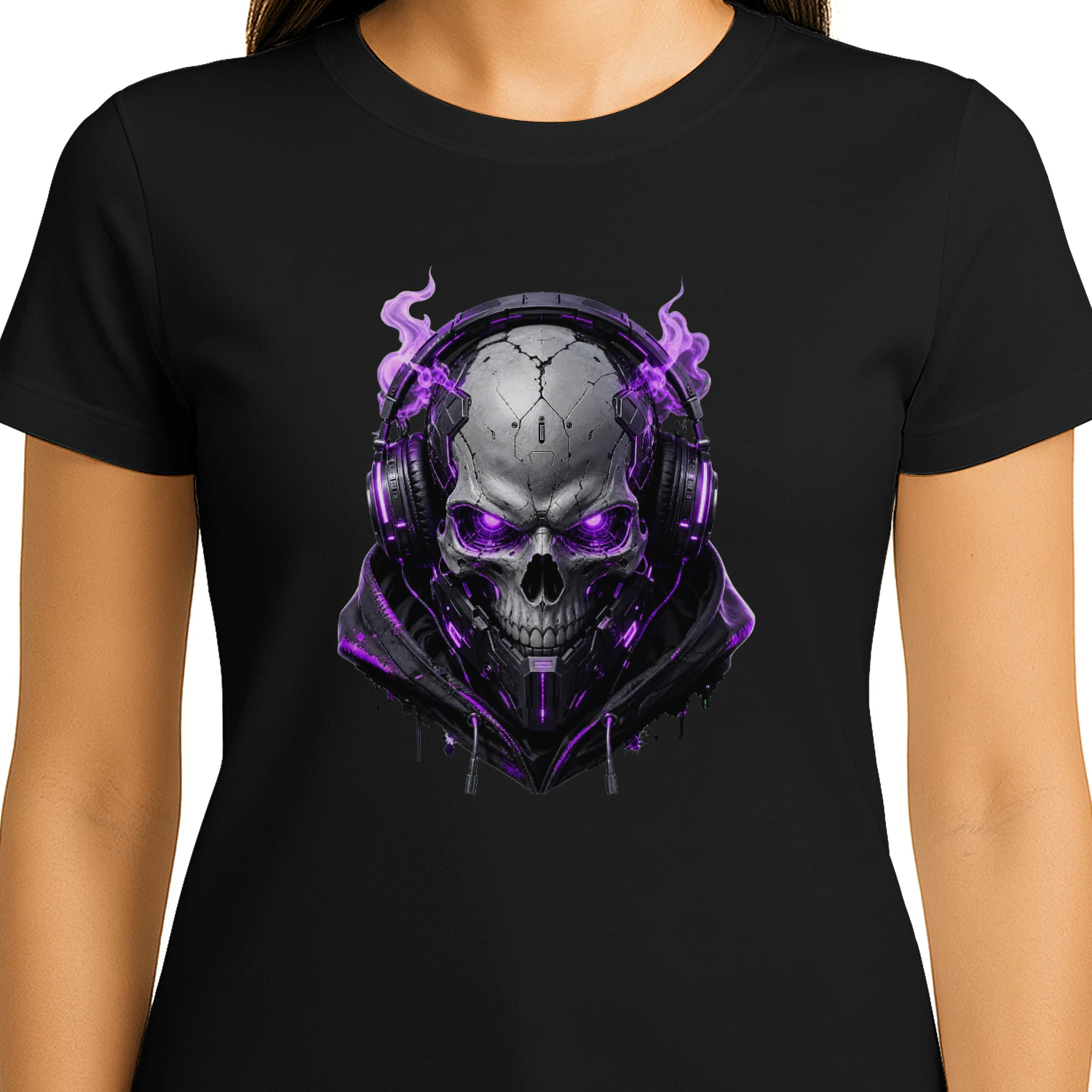 Cyber Skull Graphic Tee – Neon Purple Cyberpunk