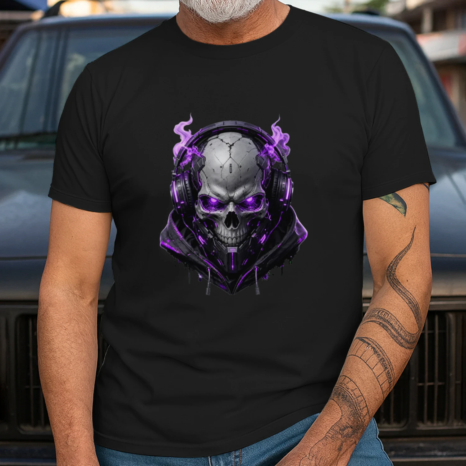 Cyber Skull Graphic Tee – Neon Purple Cyberpunk