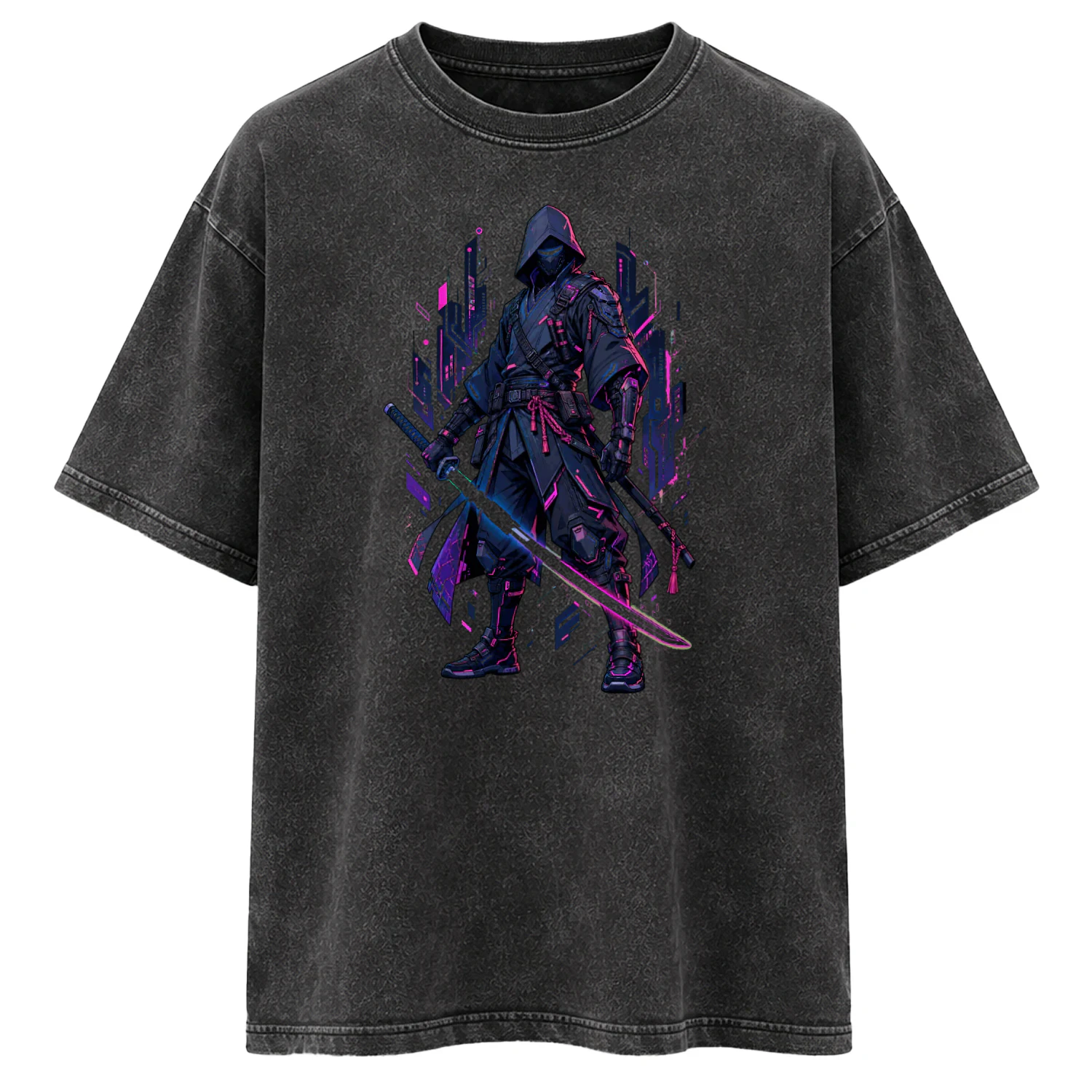 Neon Samurai Oversized Tee – Acid Wash Streetwear