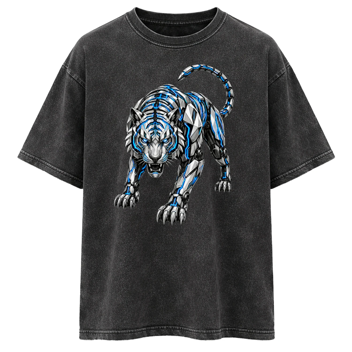 Blue Mecha Tiger Oversized Tee - Acid Wash Streetwear