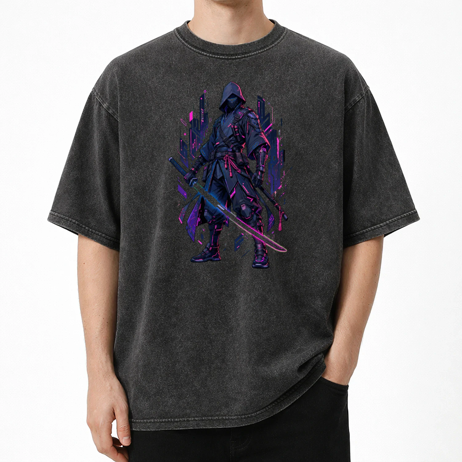 Neon Samurai Oversized Tee – Acid Wash Streetwear