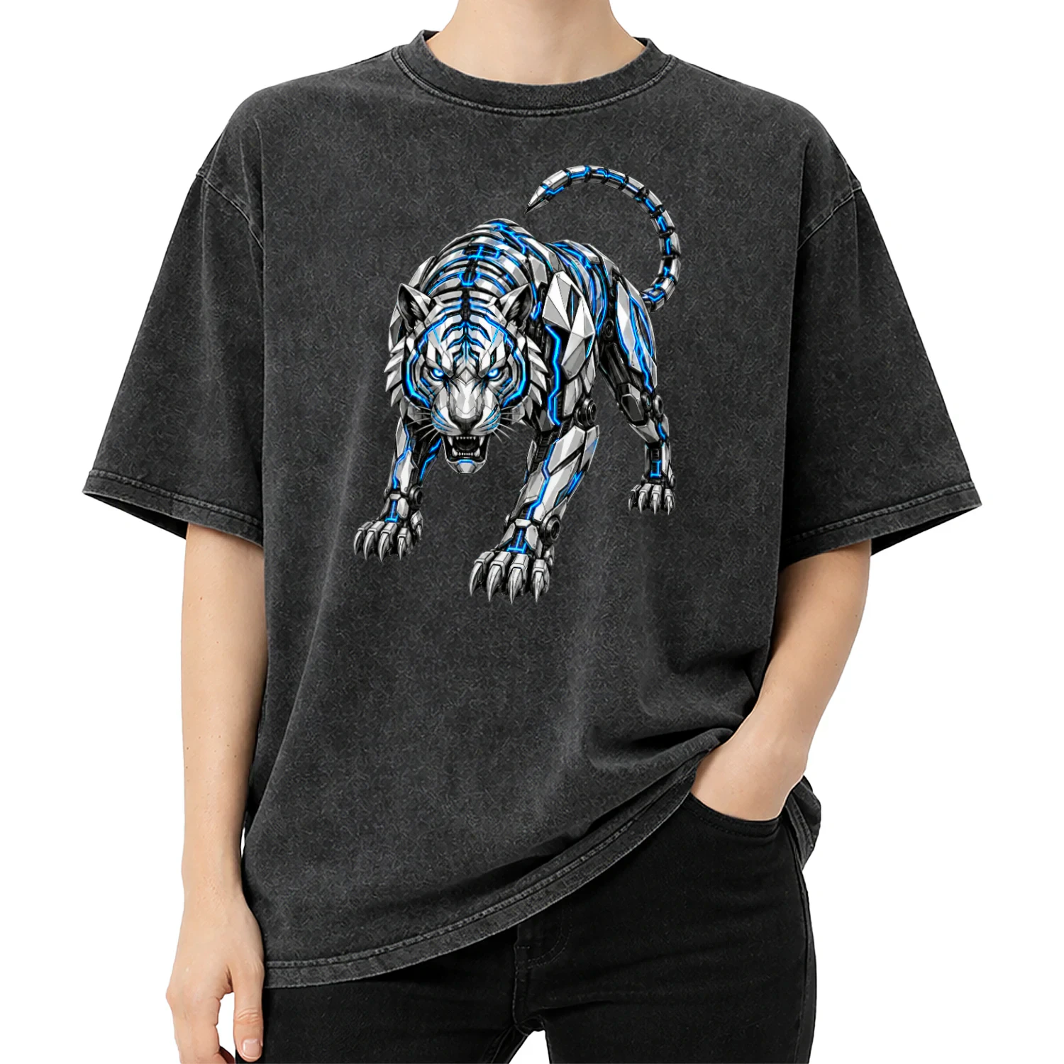 Blue Mecha Tiger Oversized Tee - Acid Wash Streetwear