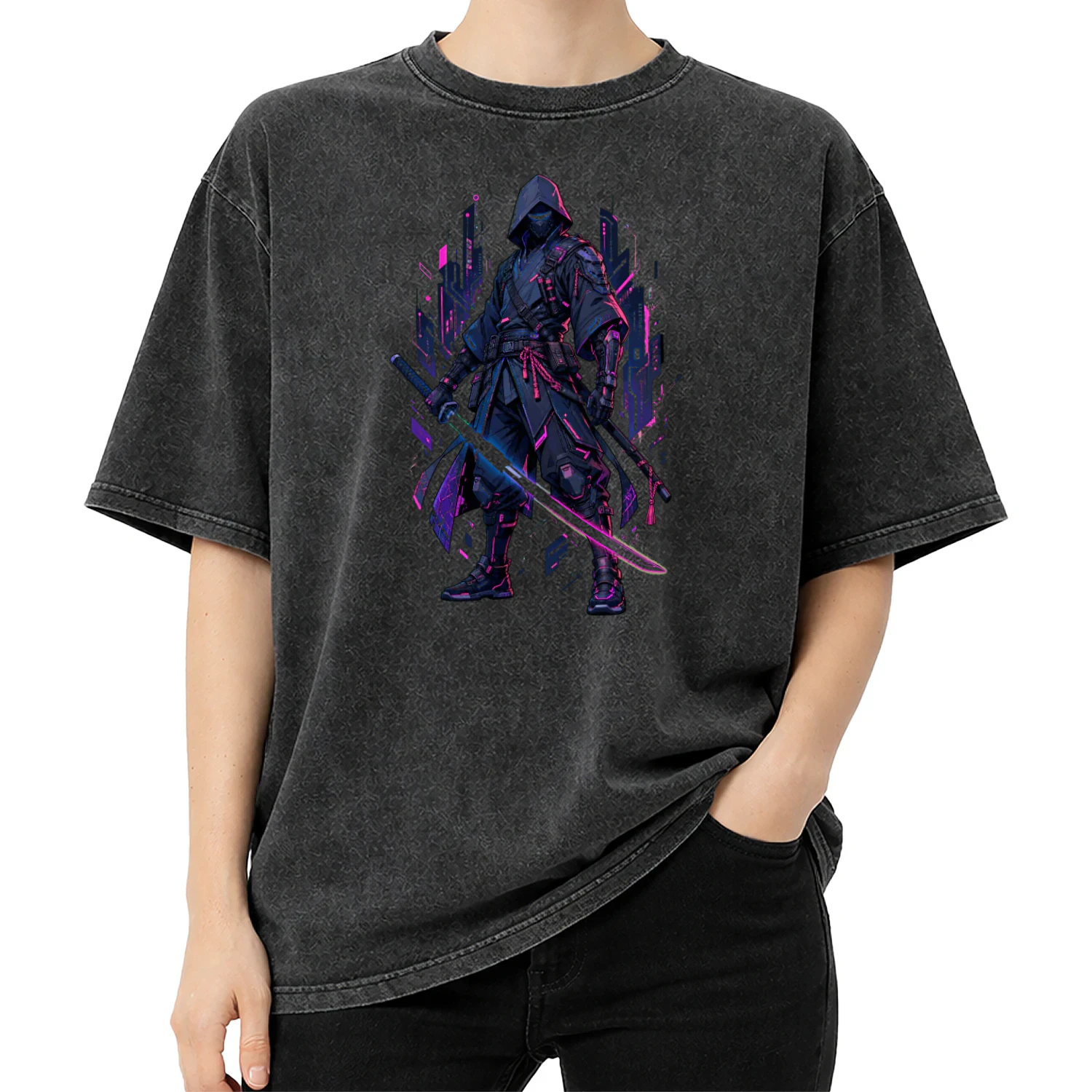 Neon Samurai Oversized Tee – Acid Wash Streetwear