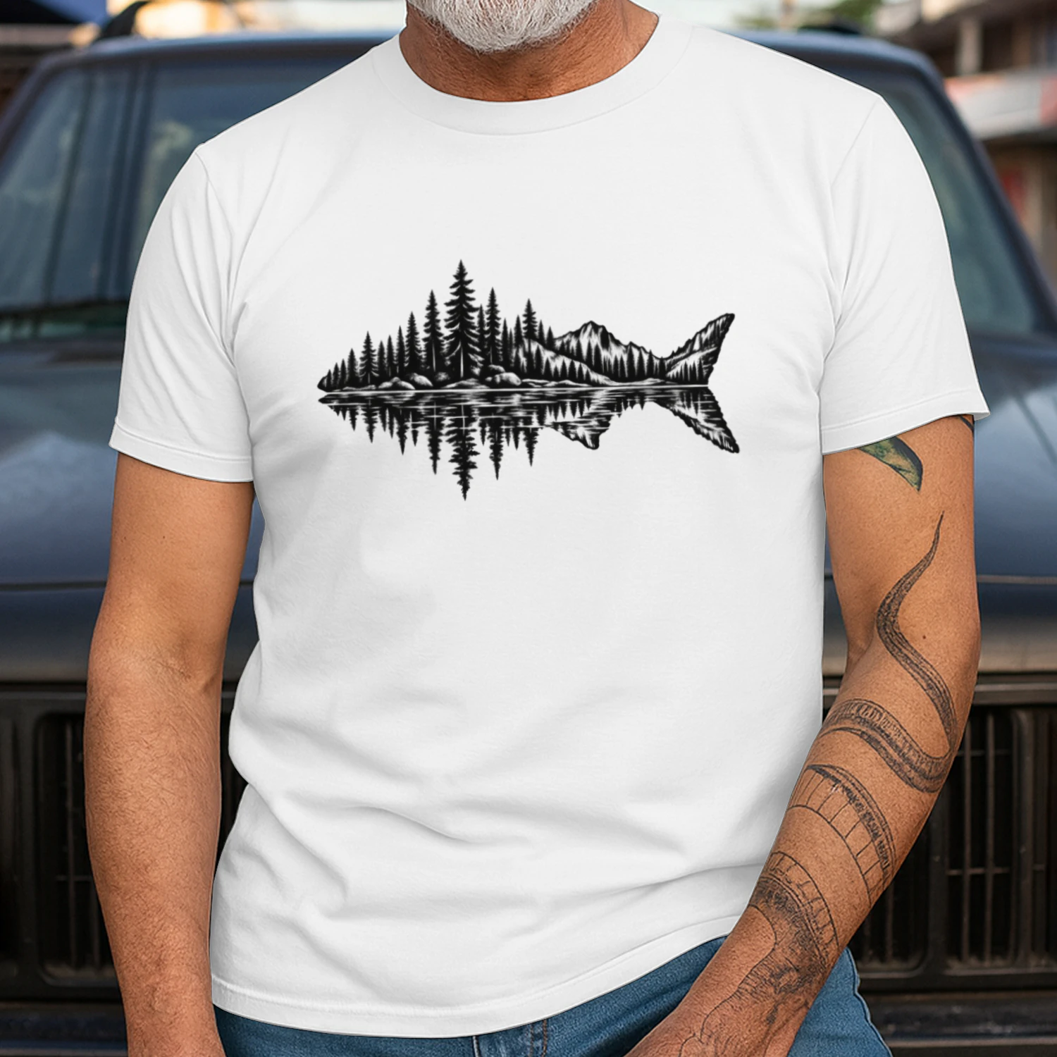 Forest Fish Silhouette , Mountain Lake Reflection Classic Unisex T-shirt