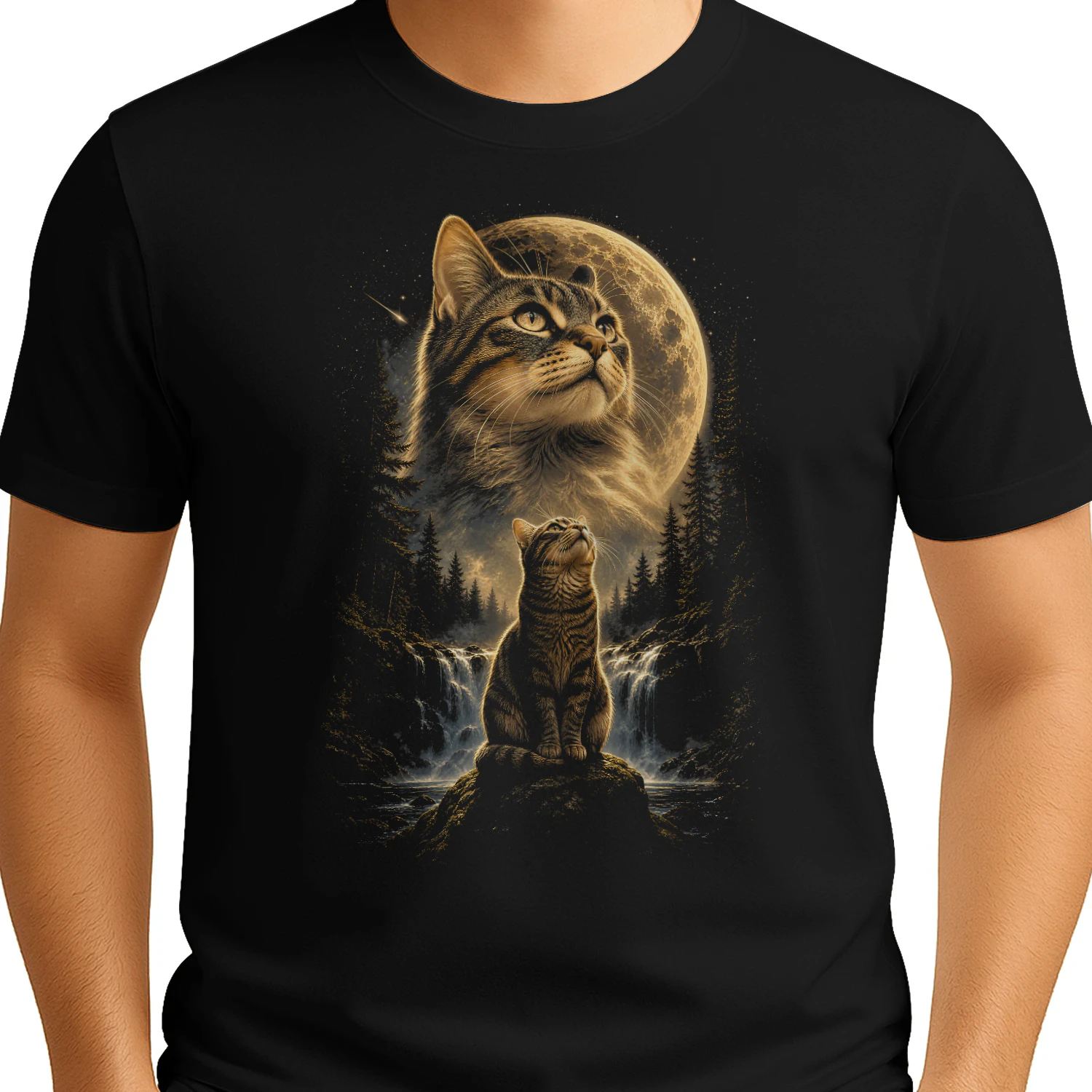 cat moon waterfall forest cat lover Classic Unisex T-shirt