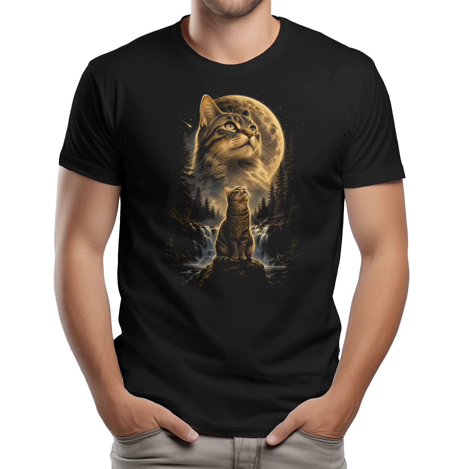 cat moon waterfall forest cat lover Classic Unisex T-shirt