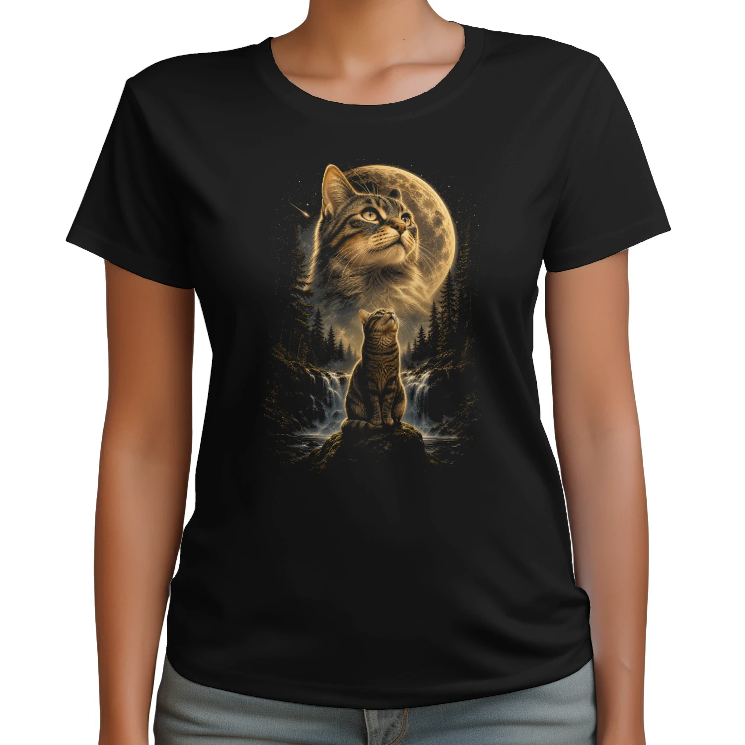cat moon waterfall forest cat lover Classic Unisex T-shirt
