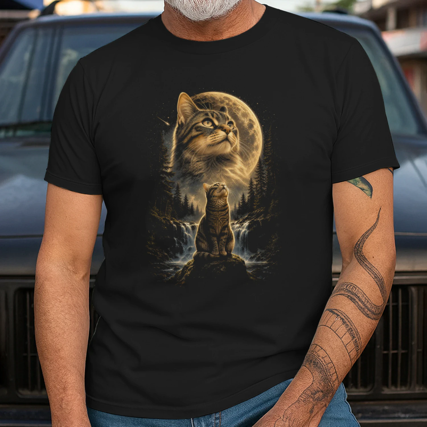 cat moon waterfall forest cat lover Classic Unisex T-shirt