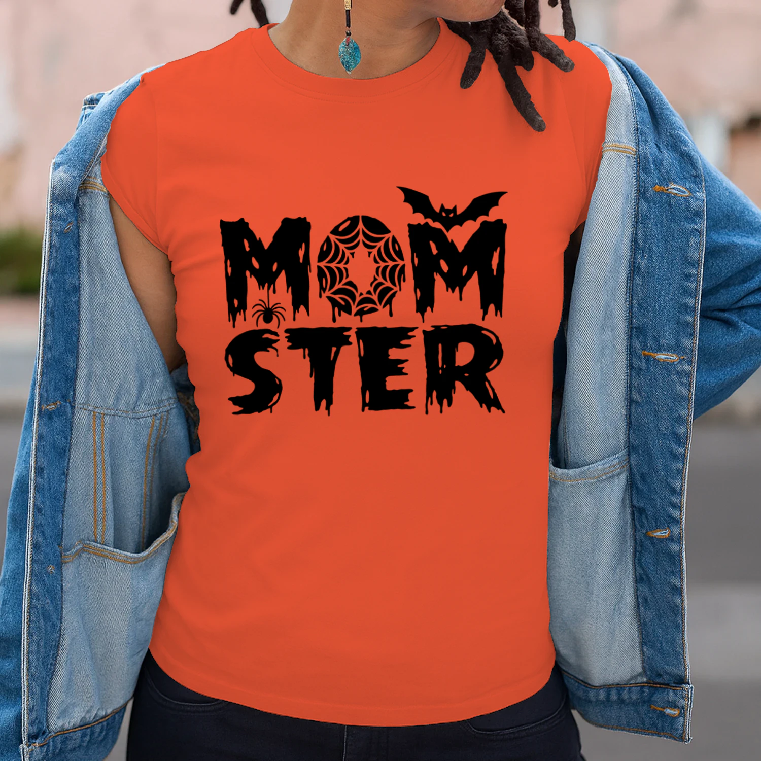 Momster T Shirt Women Funny Halloween Spider Bat Graphic Tee Casual Mom Ster Letter Print Fall Pumpkin Tops