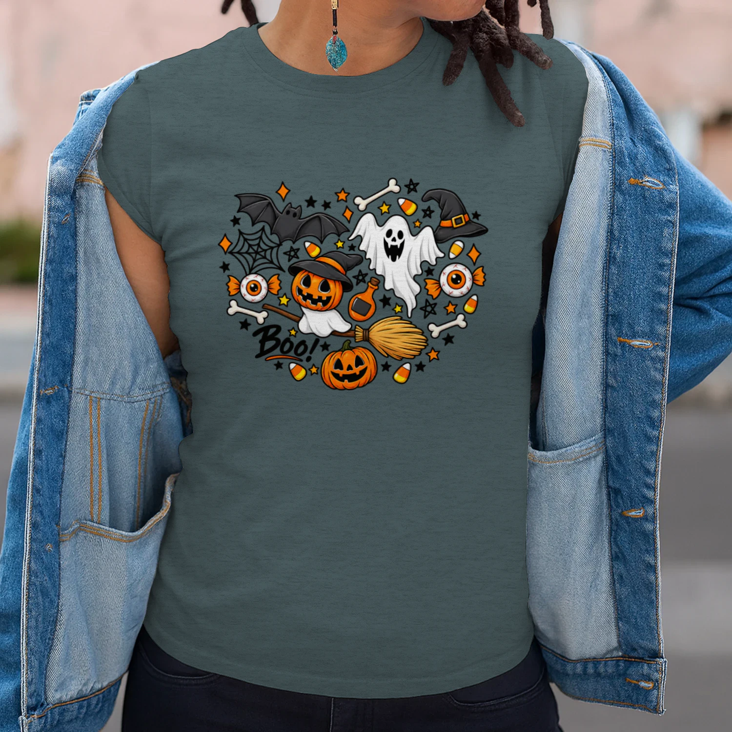 Women's Halloween Shirt: Love Art Patterns Halloween Party T-Shirt Crewneck Short Sleeve