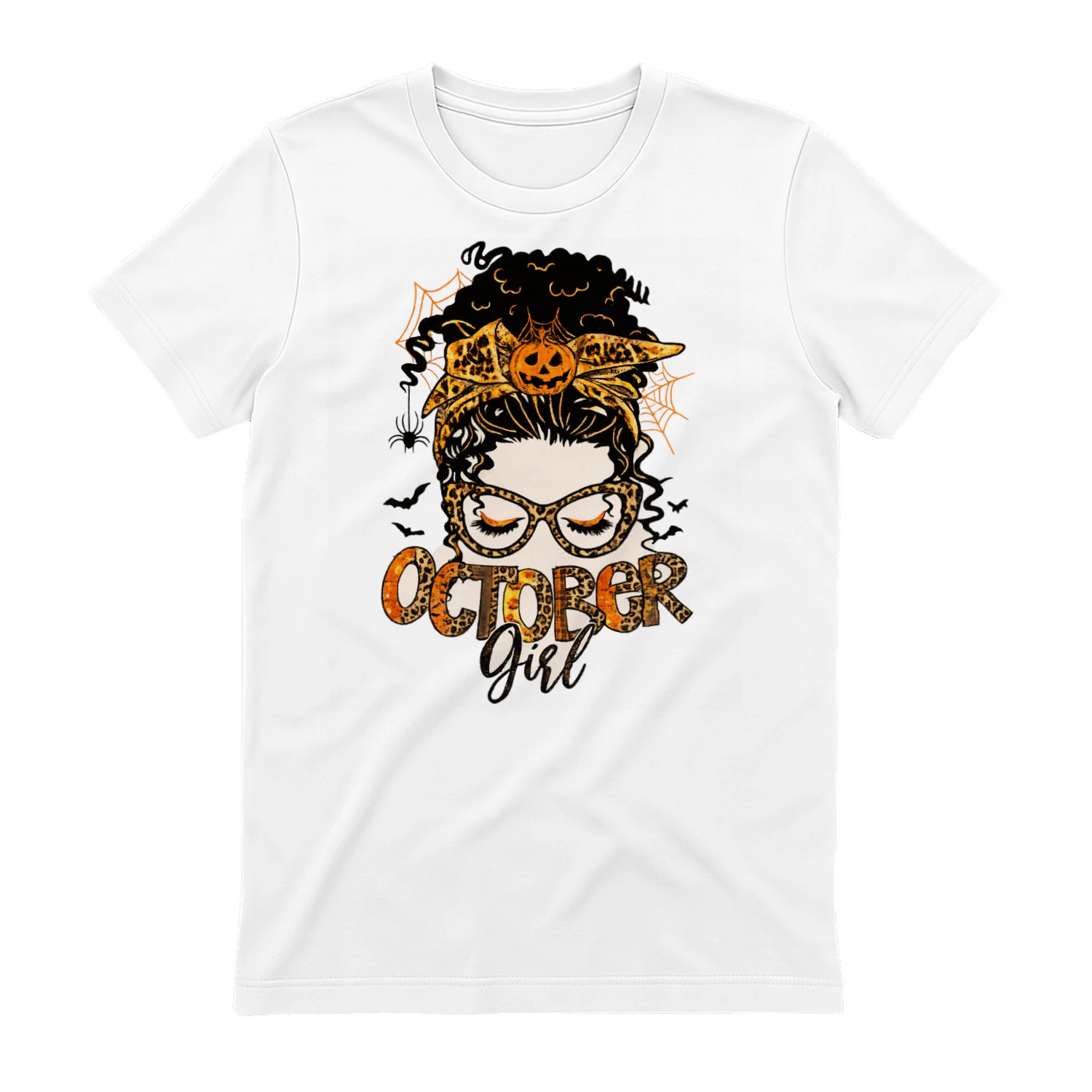 October Girl Leopard Pumpkin Halloween Messy Bun T-Shirt