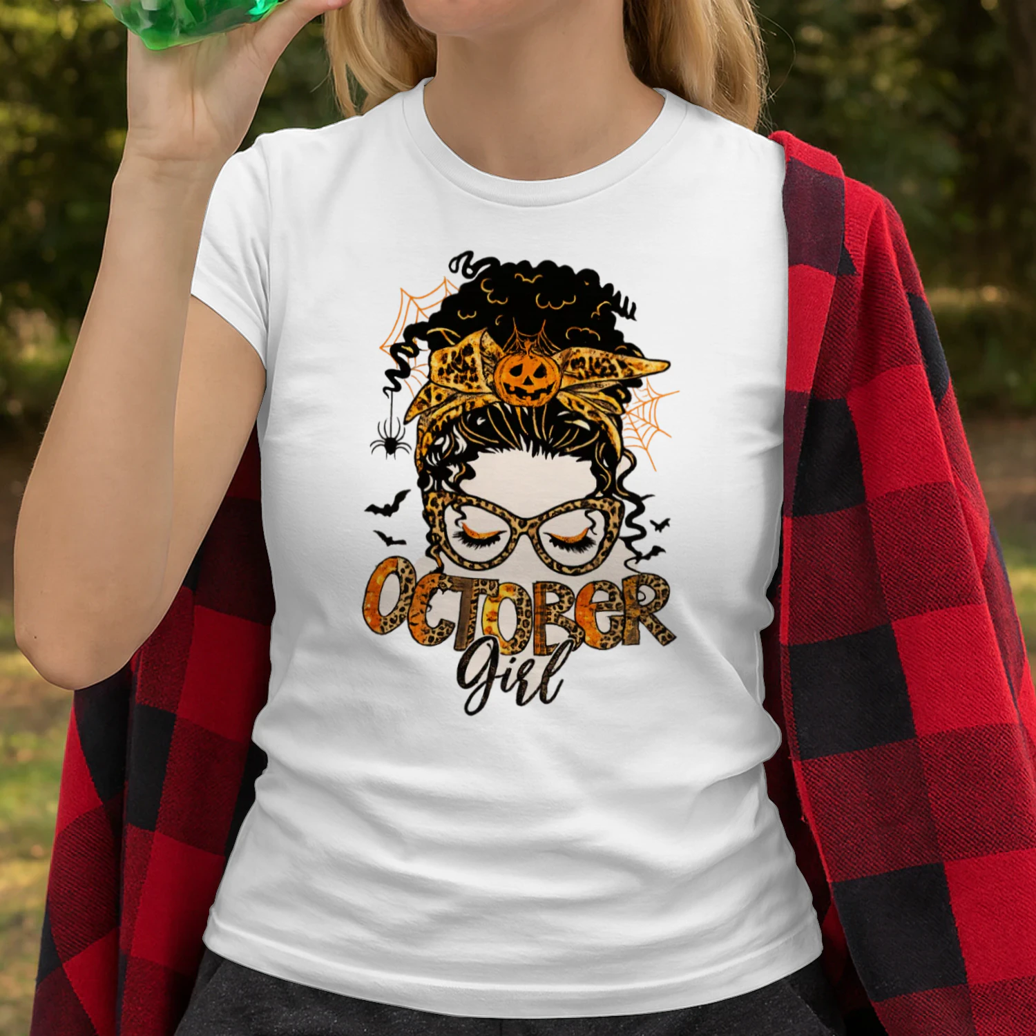 October Girl Leopard Pumpkin Halloween Messy Bun T-Shirt