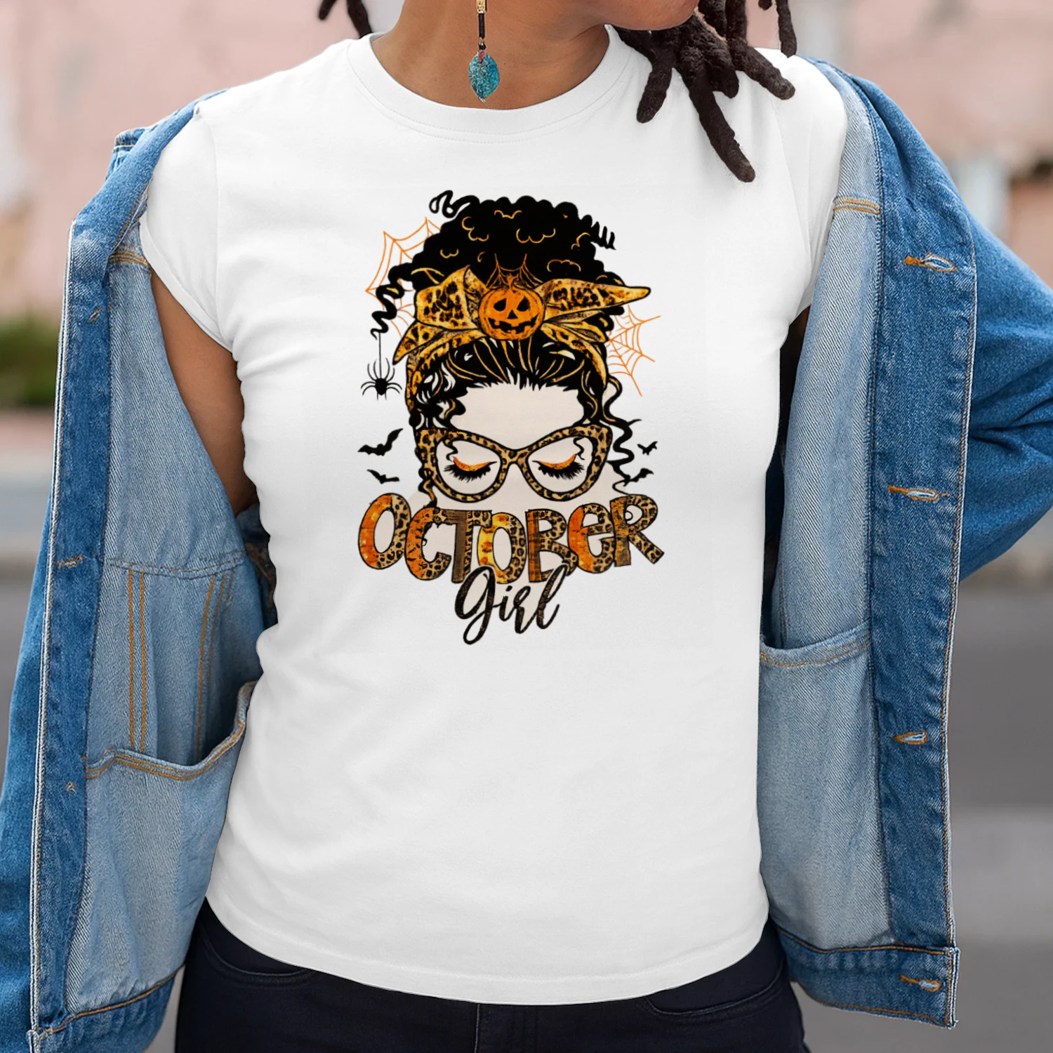 October Girl Leopard Pumpkin Halloween Messy Bun T-Shirt