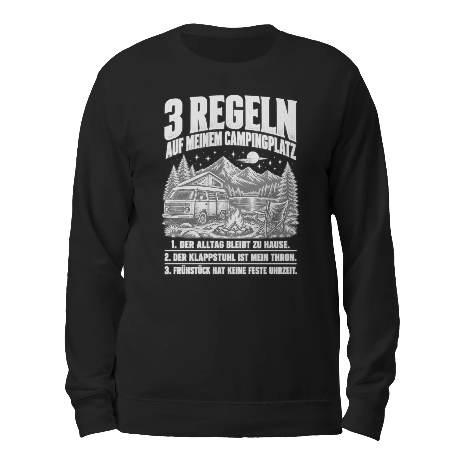 Lustiges Unisex-Sweatshirt für Camper – 3 Regeln auf meinem Campingplatz