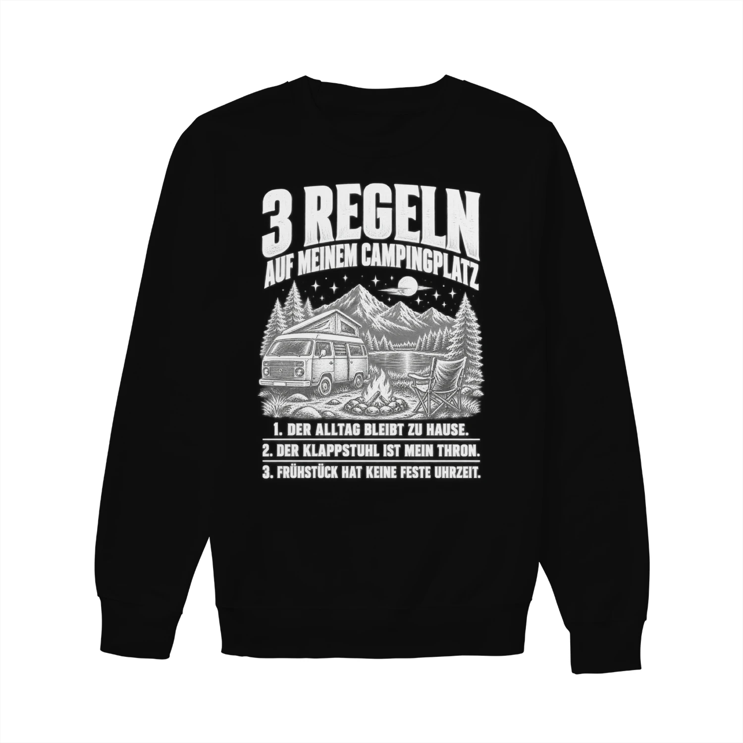 Lustiges Unisex-Sweatshirt für Camper – 3 Regeln auf meinem Campingplatz