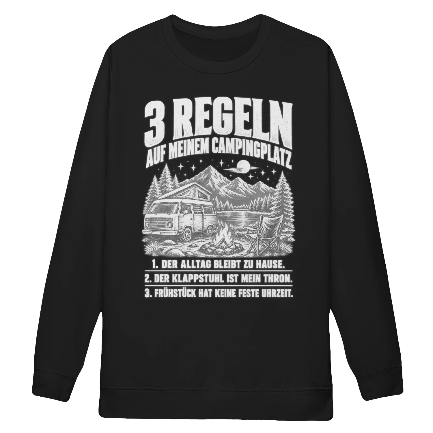Lustiges Unisex-Sweatshirt für Camper – 3 Regeln auf meinem Campingplatz