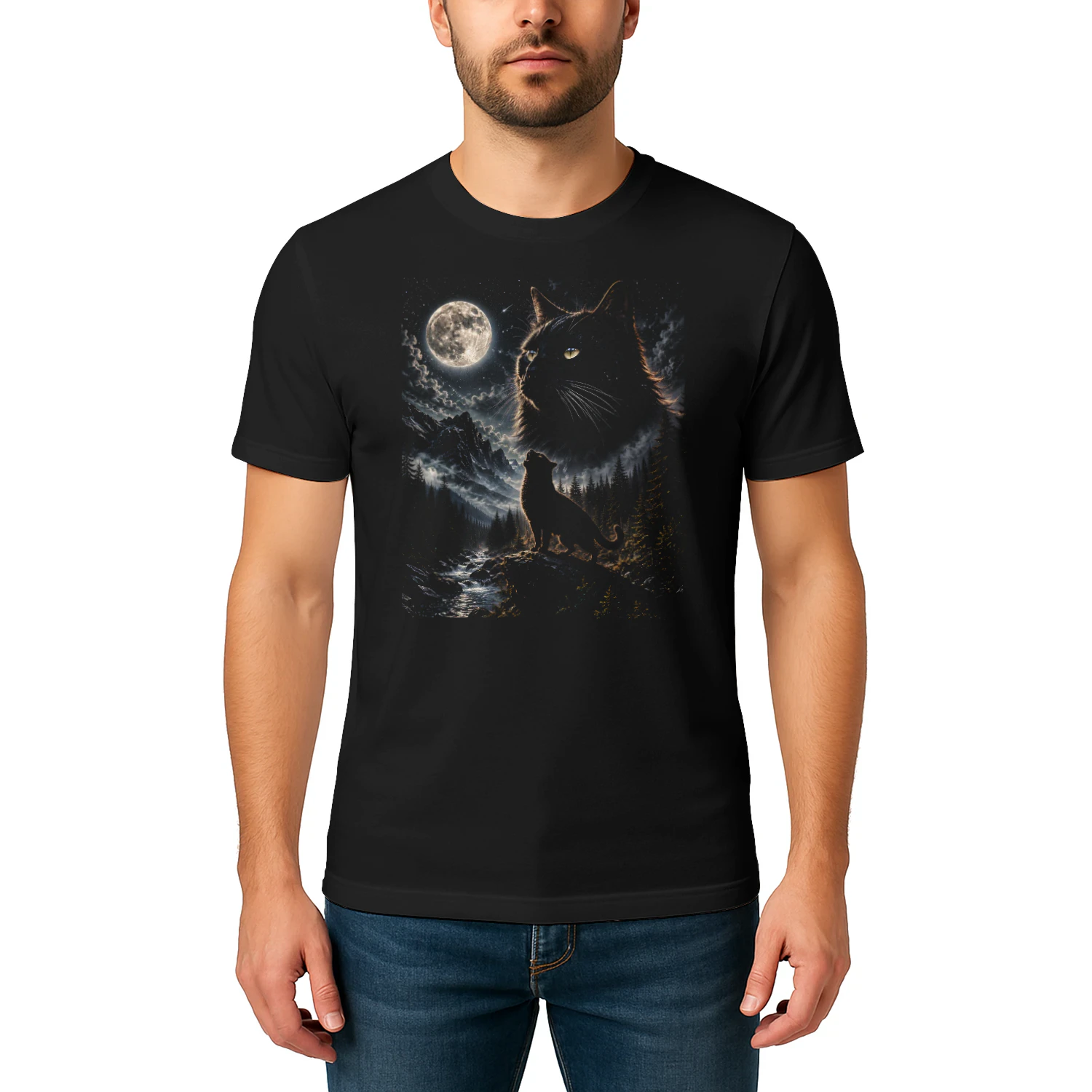Black Cat Howling at Moon 90s Retro Vintage Cat Lover  - Classic Unisex T-shirt