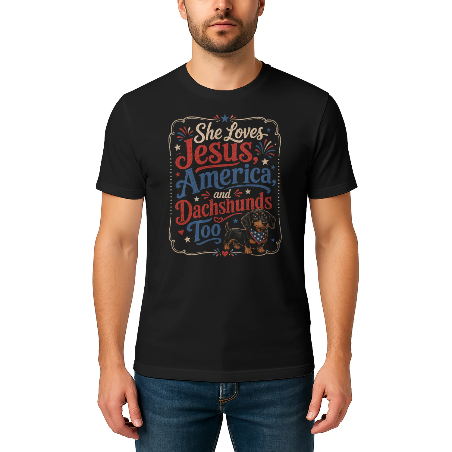 She Loves Jesus America and Dachshunds Too Patriotic Dog Mom - Classic Unisex T-shirt