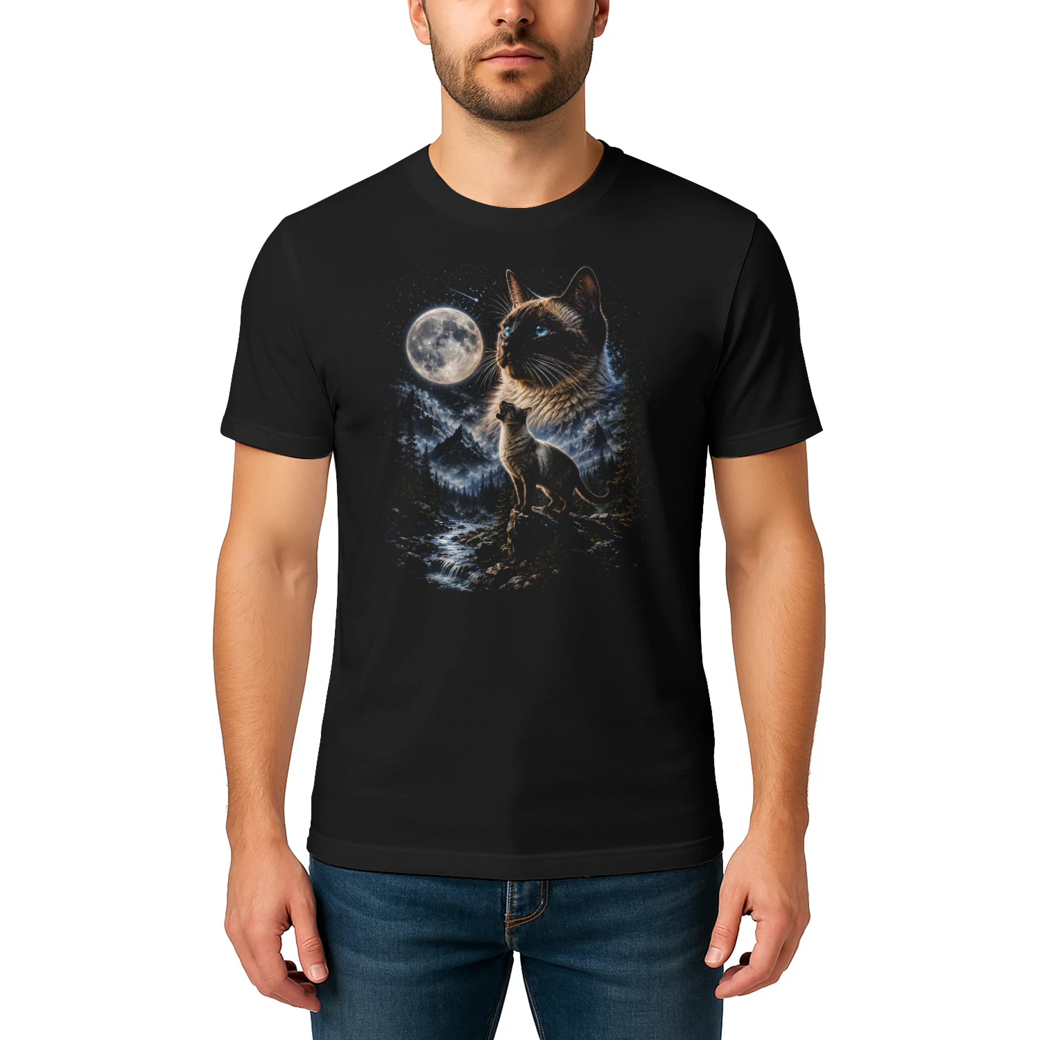 Siamese Cat Howling at Moon 90s Retro Vintage Cat Lover  - Classic Unisex T-shirt