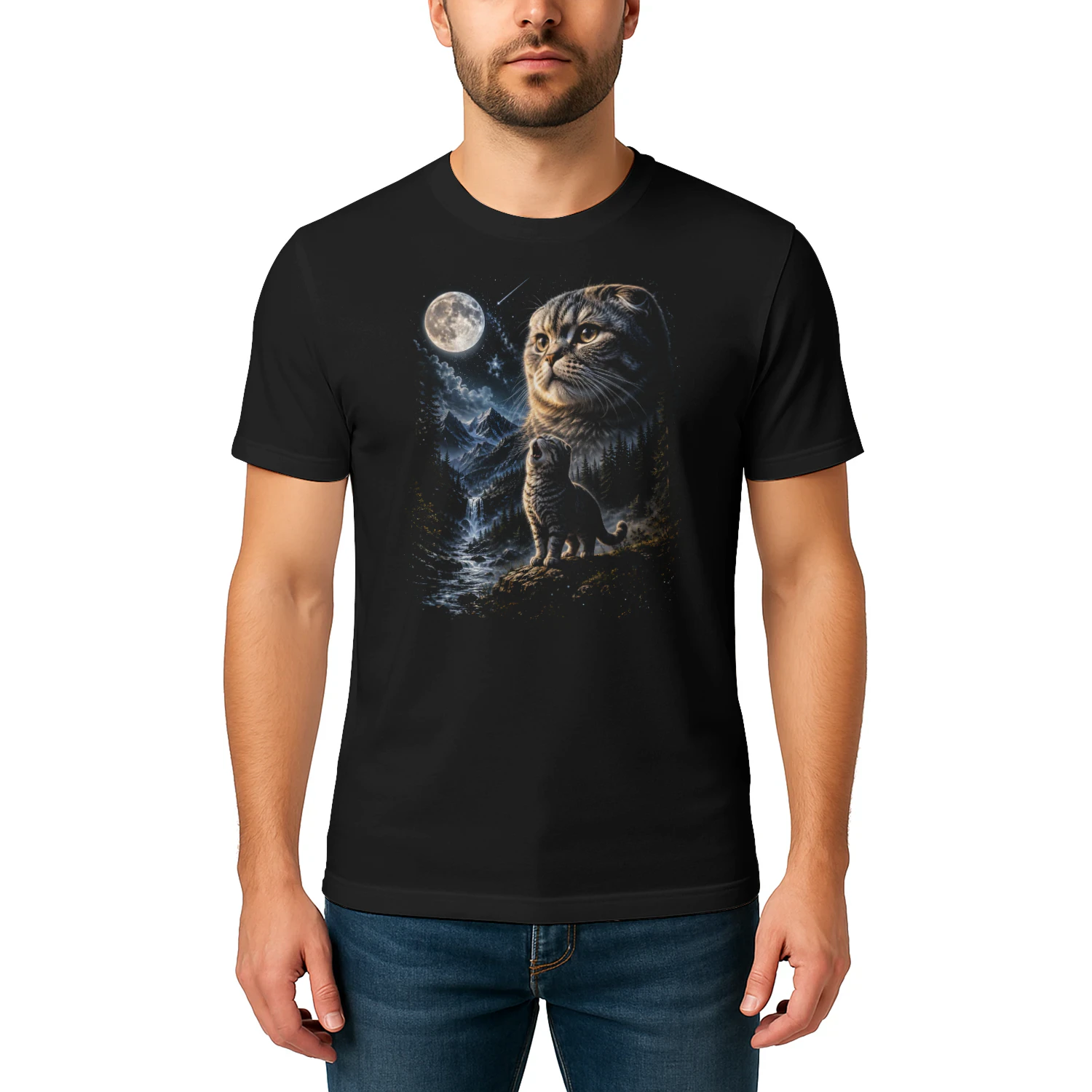 Scottish Fold Cat Howling at Moon 90s Retro Vintage Cat Lover  - Classic Unisex T-shirt