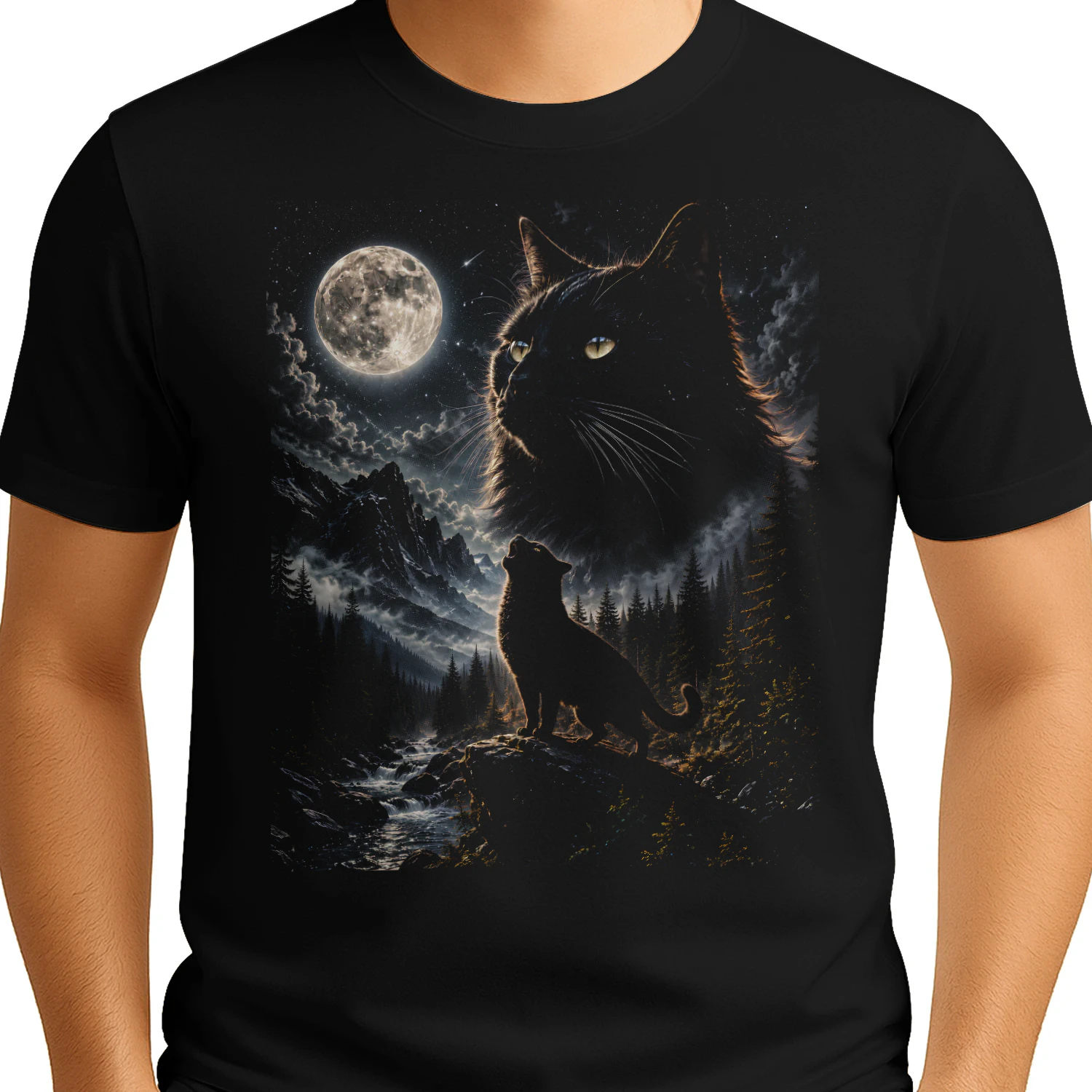 Black Cat Howling at Moon 90s Retro Vintage Cat Lover  - Classic Unisex T-shirt