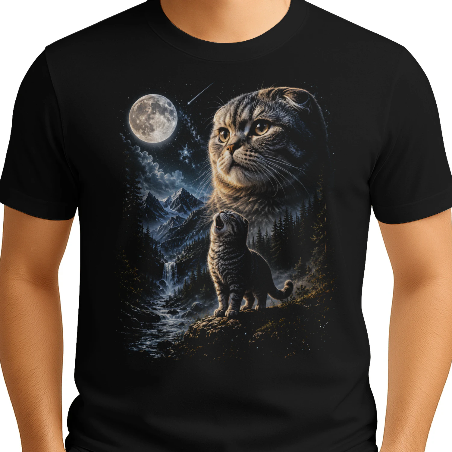Scottish Fold Cat Howling at Moon 90s Retro Vintage Cat Lover  - Classic Unisex T-shirt