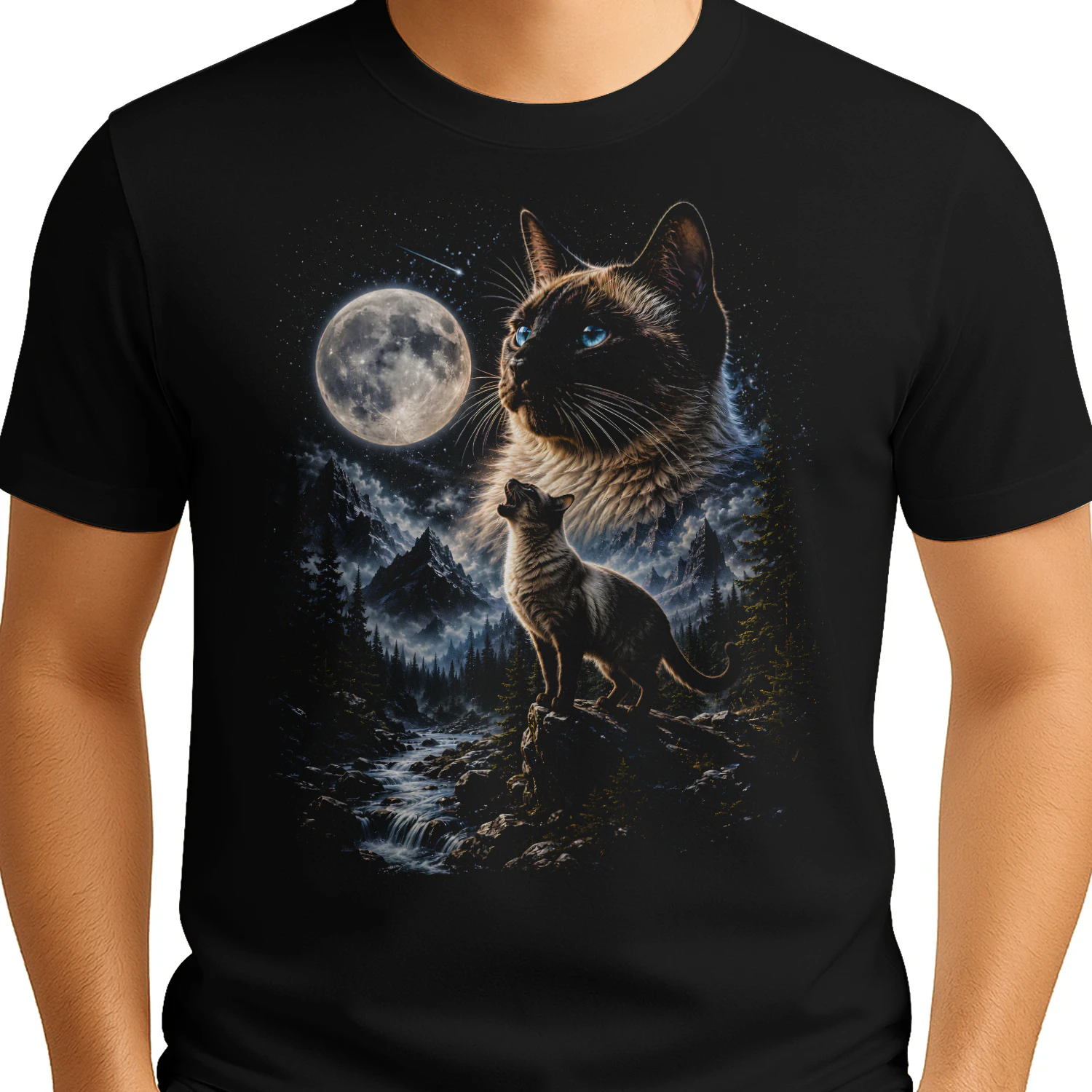 Siamese Cat Howling at Moon 90s Retro Vintage Cat Lover  - Classic Unisex T-shirt