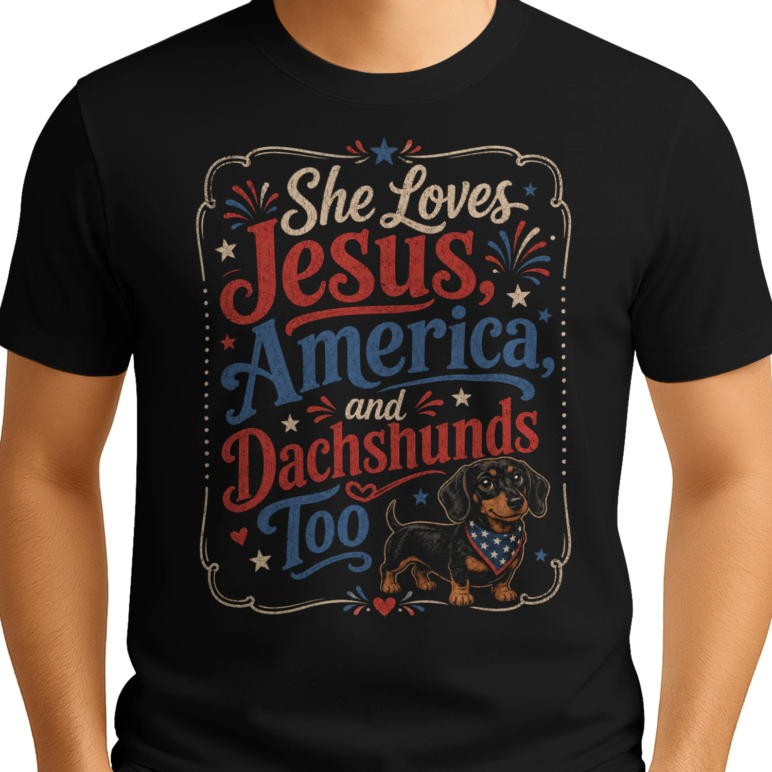 She Loves Jesus America and Dachshunds Too Patriotic Dog Mom - Classic Unisex T-shirt