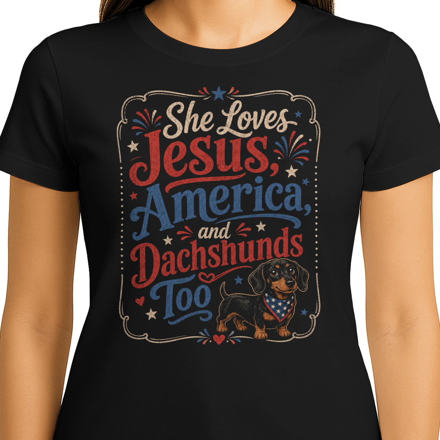 She Loves Jesus America and Dachshunds Too Patriotic Dog Mom - Classic Unisex T-shirt