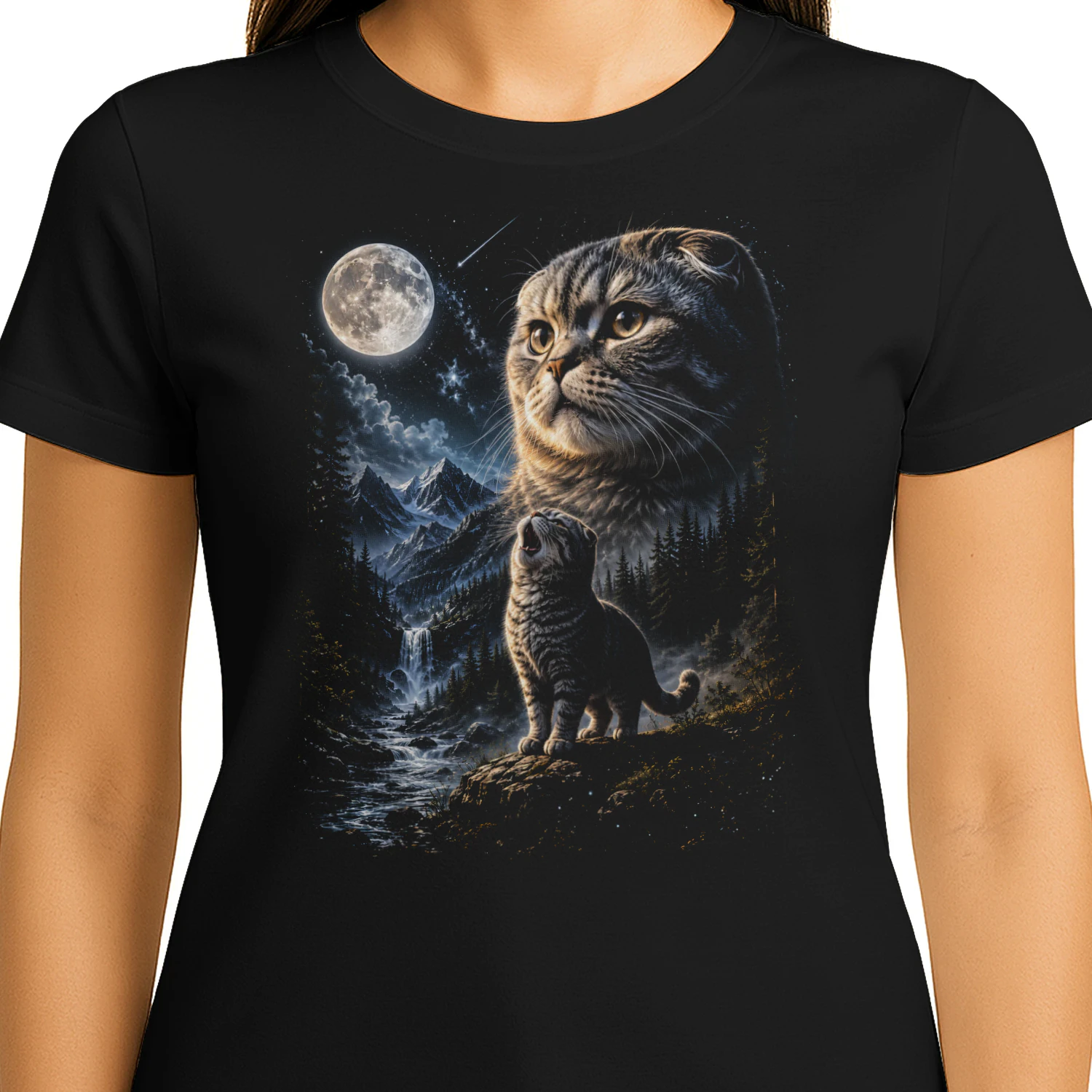 Scottish Fold Cat Howling at Moon 90s Retro Vintage Cat Lover  - Classic Unisex T-shirt