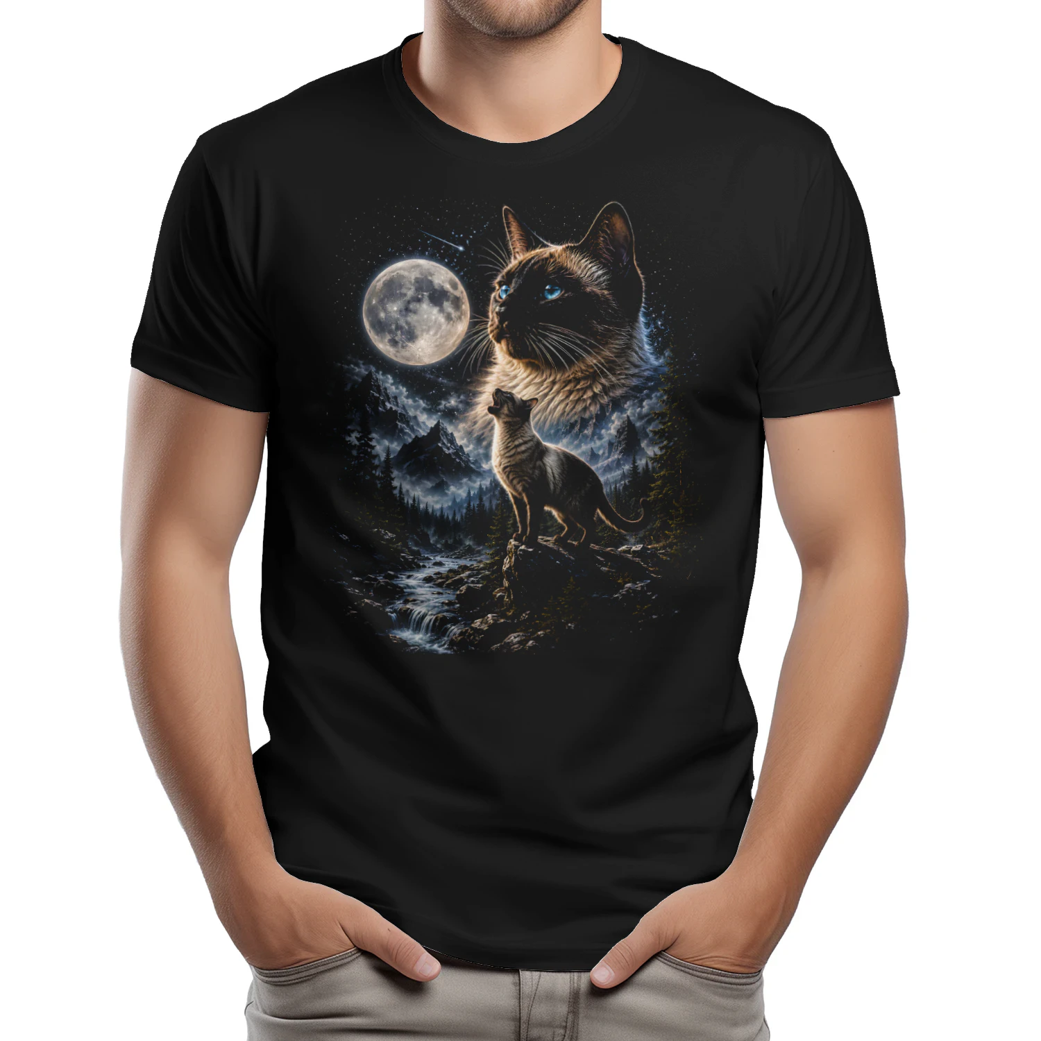 Siamese Cat Howling at Moon 90s Retro Vintage Cat Lover  - Classic Unisex T-shirt