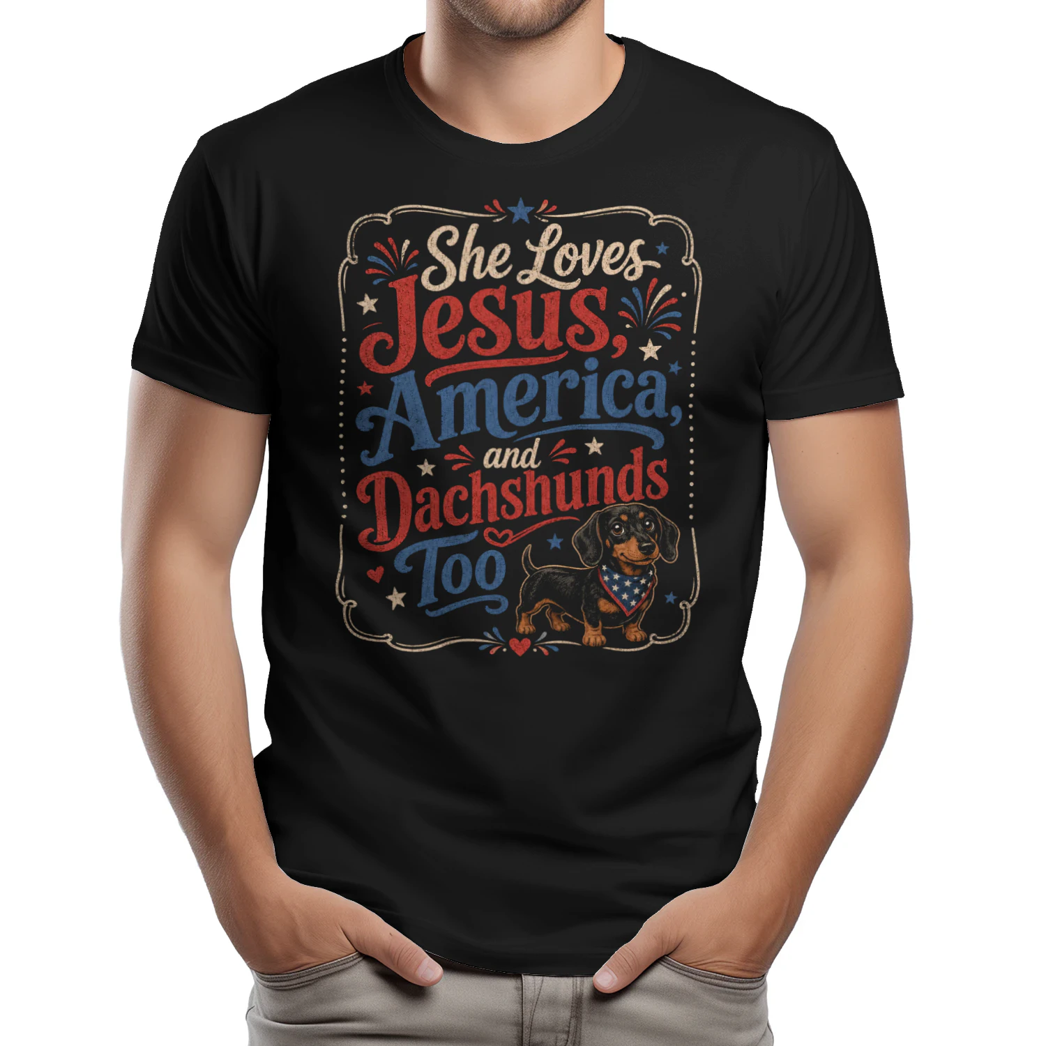 She Loves Jesus America and Dachshunds Too Patriotic Dog Mom - Classic Unisex T-shirt